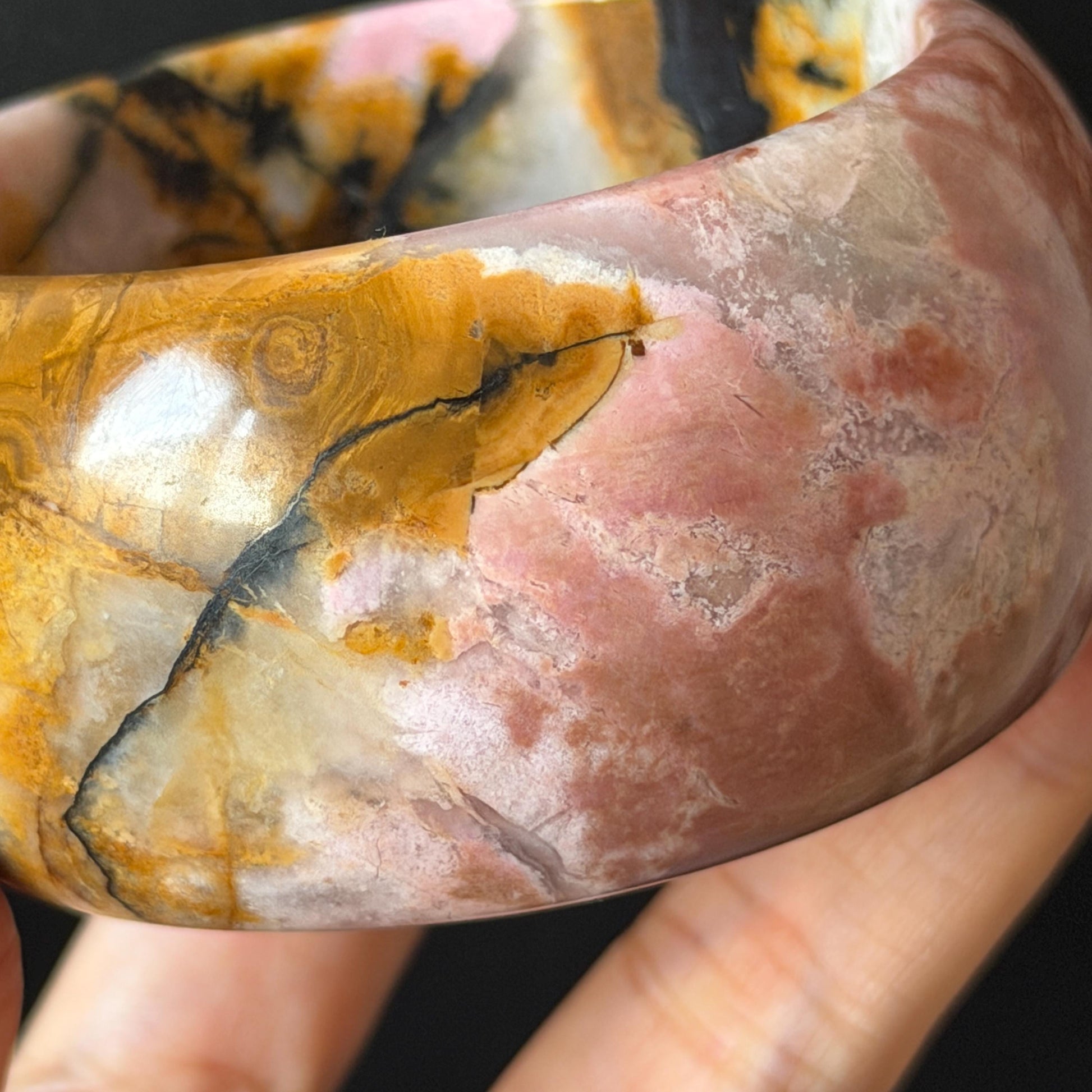 57.1mm Rhodonite Stone Bangle: Golden Fish and Maple forest Scenery Bracelet | Natural Gold Yellow & Baby Pink Healing Stone Gift for her rhodonite bangle pink rhodonite bracelet pink crystal bracelet pink stone bangle pink gemstone bracelet golden crystal wide bangle healing crystal love stone meditative crystal heart chakra crystal vintage bangle gemstone bangle dragon bangle dragon bracelet brown bangle flower crystal flower lover gift women bangle fish lover gift Golden Arowana maple leaves