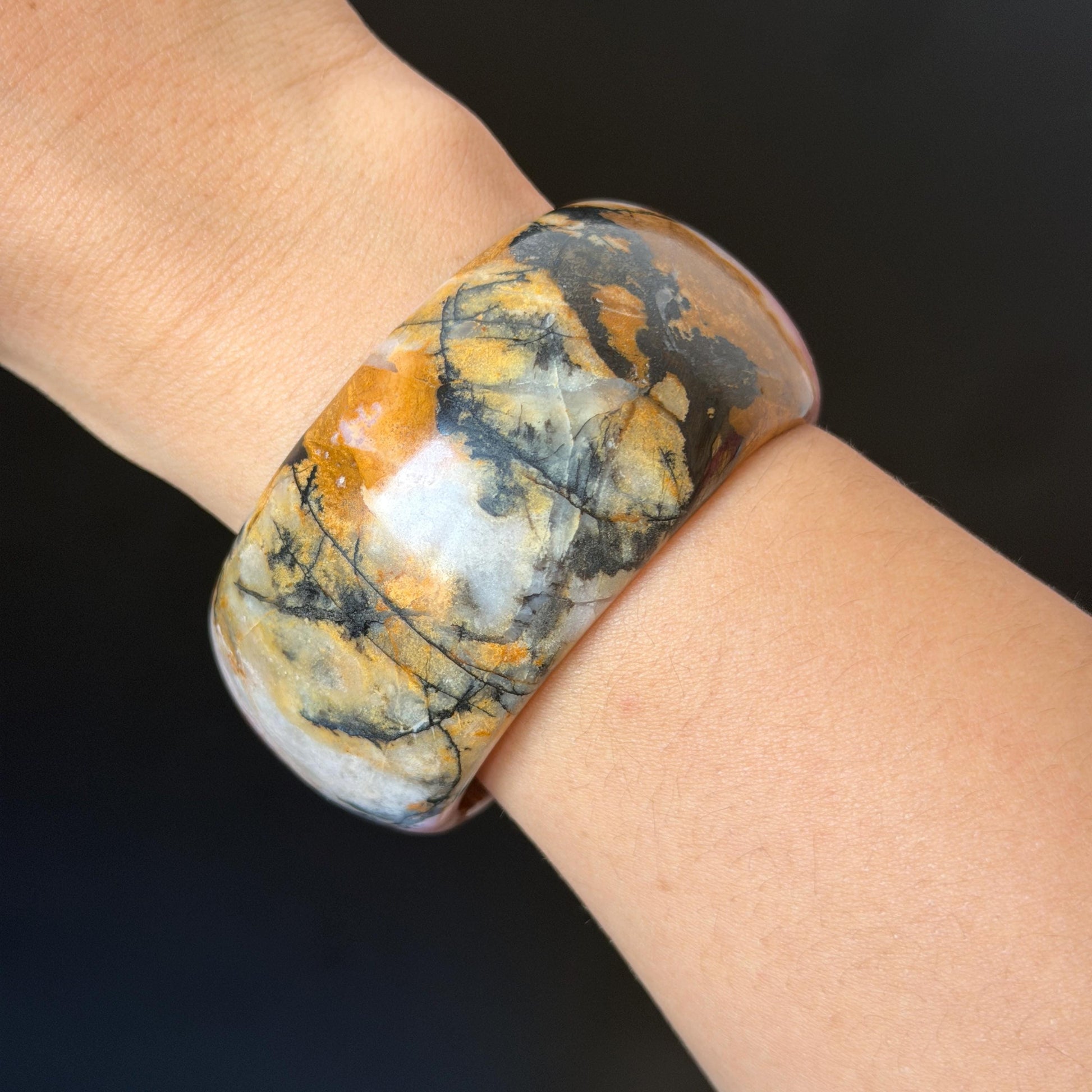 57.1mm Rhodonite Stone Bangle: Golden Fish and Maple forest Scenery Bracelet | Natural Gold Yellow & Baby Pink Healing Stone Gift for her rhodonite bangle pink rhodonite bracelet pink crystal bracelet pink stone bangle pink gemstone bracelet golden crystal wide bangle healing crystal love stone meditative crystal heart chakra crystal vintage bangle gemstone bangle dragon bangle dragon bracelet brown bangle flower crystal flower lover gift women bangle fish lover gift Golden Arowana maple leaves