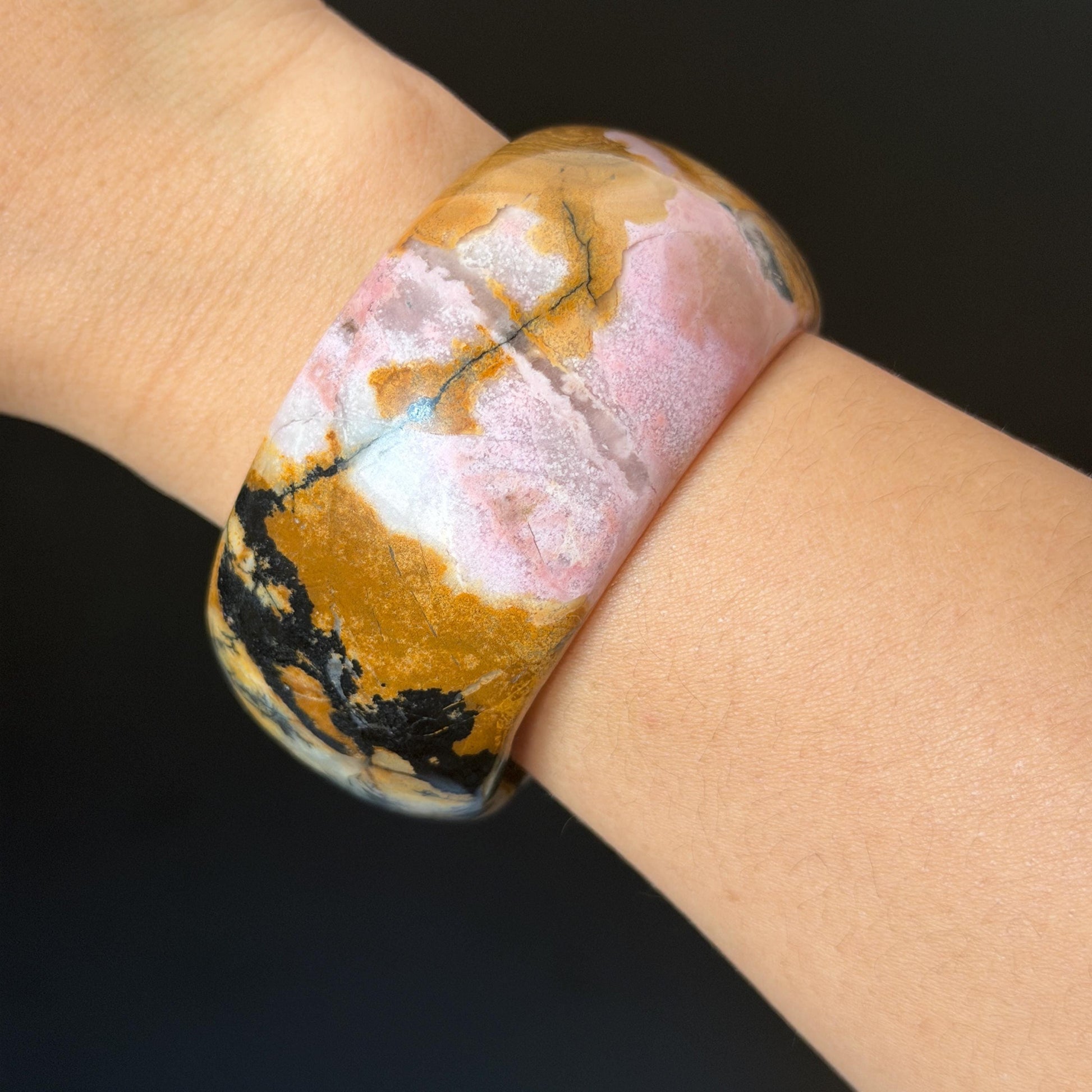 57.1mm Rhodonite Stone Bangle: Golden Fish and Maple forest Scenery Bracelet | Natural Gold Yellow & Baby Pink Healing Stone Gift for her rhodonite bangle pink rhodonite bracelet pink crystal bracelet pink stone bangle pink gemstone bracelet golden crystal wide bangle healing crystal love stone meditative crystal heart chakra crystal vintage bangle gemstone bangle dragon bangle dragon bracelet brown bangle flower crystal flower lover gift women bangle fish lover gift Golden Arowana maple leaves