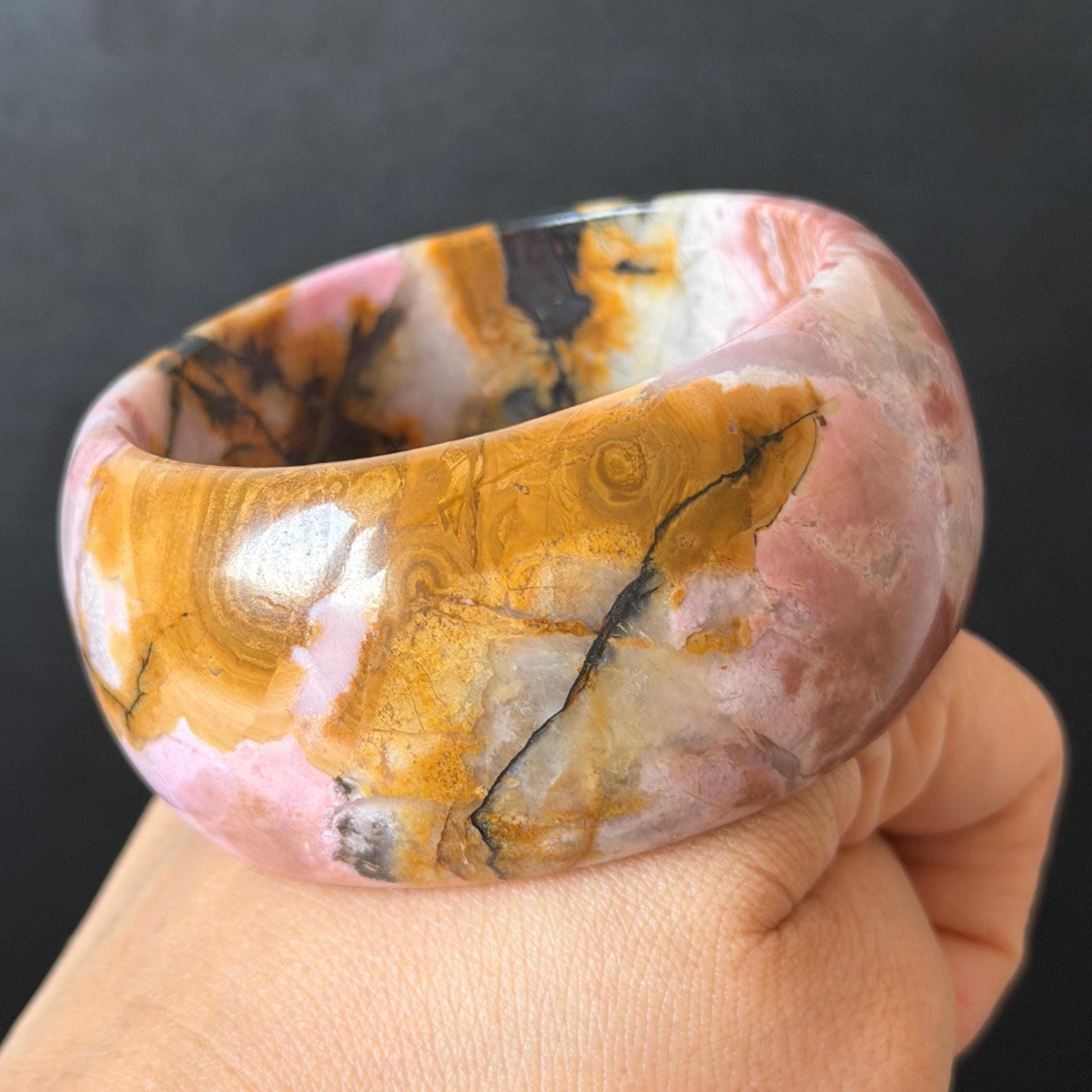 57.1mm Rhodonite Stone Bangle: Golden Fish and Maple forest Scenery Bracelet | Natural Gold Yellow & Baby Pink Healing Stone Gift for her rhodonite bangle pink rhodonite bracelet pink crystal bracelet pink stone bangle pink gemstone bracelet golden crystal wide bangle healing crystal love stone meditative crystal heart chakra crystal vintage bangle gemstone bangle dragon bangle dragon bracelet brown bangle flower crystal flower lover gift women bangle fish lover gift Golden Arowana maple leaves