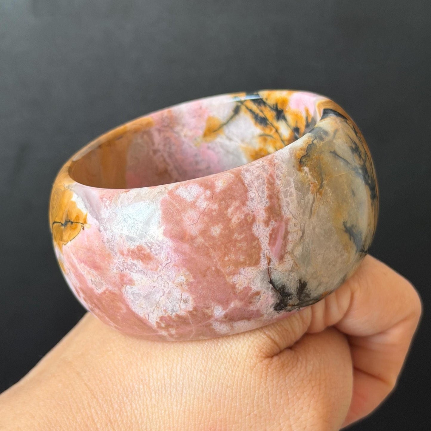 57.1mm Rhodonite Stone Bangle: Golden Fish and Maple forest Scenery Bracelet | Natural Gold Yellow & Baby Pink Healing Stone Gift for her rhodonite bangle pink rhodonite bracelet pink crystal bracelet pink stone bangle pink gemstone bracelet golden crystal wide bangle healing crystal love stone meditative crystal heart chakra crystal vintage bangle gemstone bangle dragon bangle dragon bracelet brown bangle flower crystal flower lover gift women bangle fish lover gift Golden Arowana maple leaves
