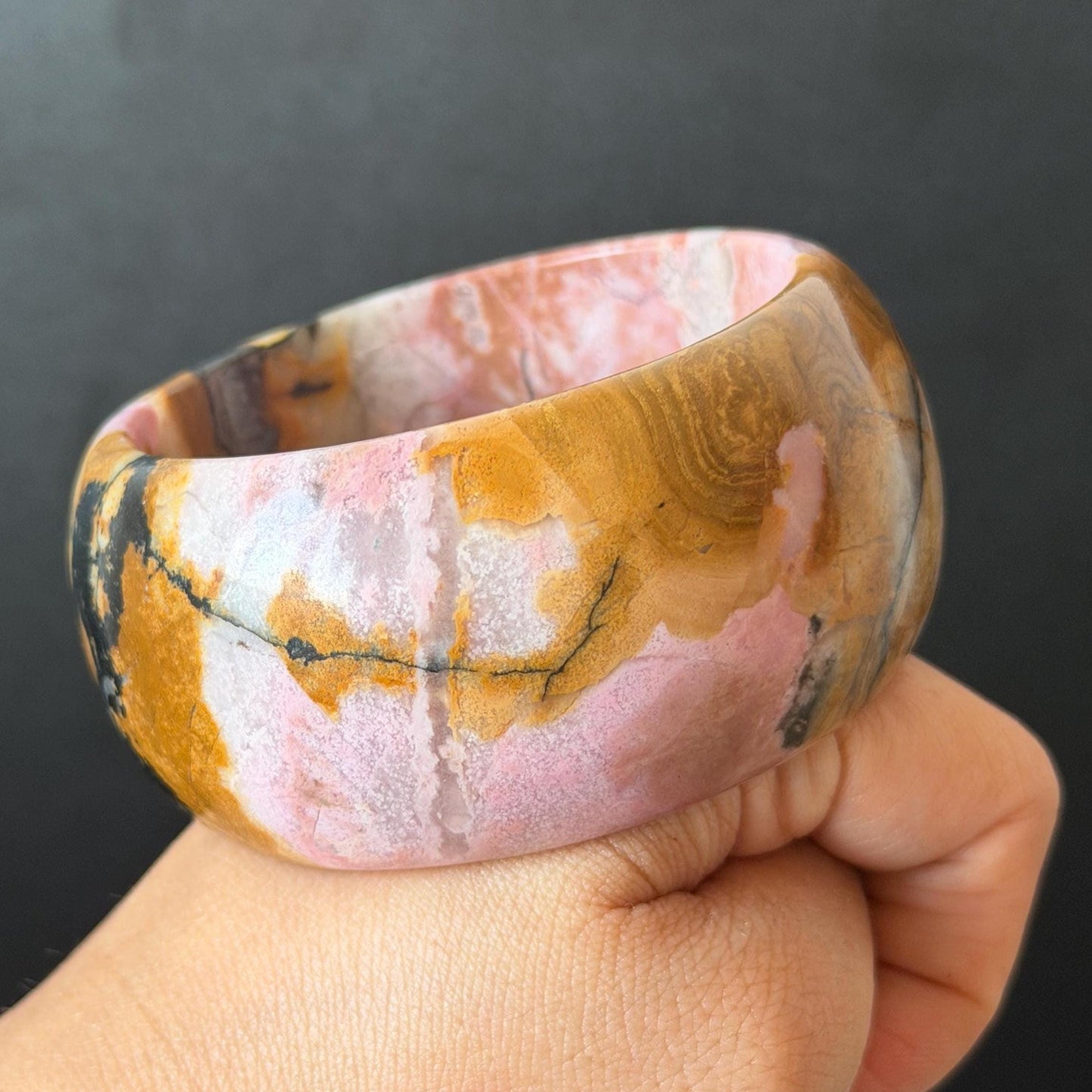 57.1mm Rhodonite Stone Bangle: Golden Fish and Maple forest Scenery Bracelet | Natural Gold Yellow & Baby Pink Healing Stone Gift for her rhodonite bangle pink rhodonite bracelet pink crystal bracelet pink stone bangle pink gemstone bracelet golden crystal wide bangle healing crystal love stone meditative crystal heart chakra crystal vintage bangle gemstone bangle dragon bangle dragon bracelet brown bangle flower crystal flower lover gift women bangle fish lover gift Golden Arowana maple leaves