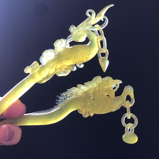 Xiu Jade Serpentine Hand Carved Soaring Dragon Phoenix Hair Pin: Certified Natural Ice Golden Yellow Jade Hair Stick | Asian Vintage Hair Fork Gift for her japanese hairpin korean hair stick hanfu hair fork vintage hair comb antique hair pins dragon carving hand engraved dragon yellow jade carving hand carved dragon hair stick tassel wedding headpiece bridal shower gift bridal hair clip ice dragon hair stick
