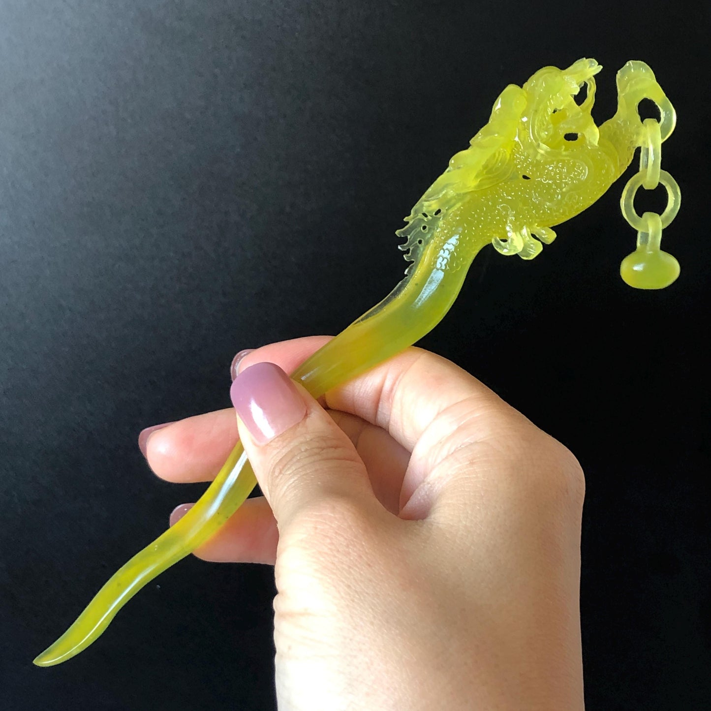 Xiu Jade Serpentine Hand Carved Soaring Dragon Phoenix Hair Pin: Certified Natural Ice Golden Yellow Jade Hair Stick | Asian Vintage Hair Fork Gift for her japanese hairpin korean hair stick hanfu hair fork vintage hair comb antique hair pins dragon carving hand engraved dragon yellow jade carving hand carved dragon hair stick tassel wedding headpiece bridal shower gift bridal hair clip ice dragon hair stick