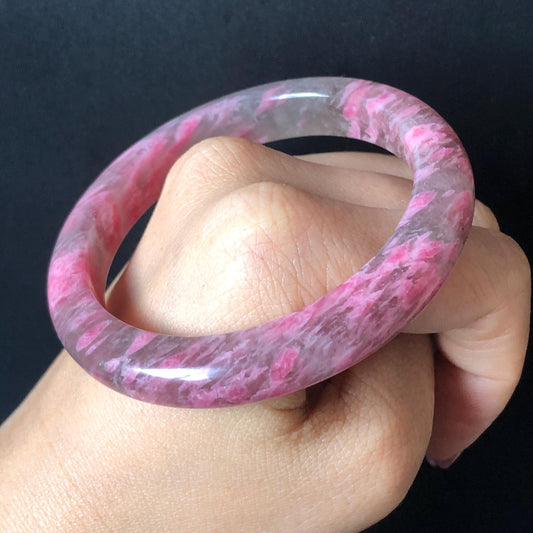 56.6mm Ultra-rare Natural Icy Rhodonite Stone Bangle:  Night Sakura Rain, Cherry Plum Blossom Icy Grey Pink Crystal Bracelet, Pink Lances, Black Dark Gemstone bangle pink stone bangle love stone healing stone heart chakra healing crystal mediative stone pink gemstone gift for her mother day gift black crystal gray crystal black pink bracelet natural untreated crystal women bracelet