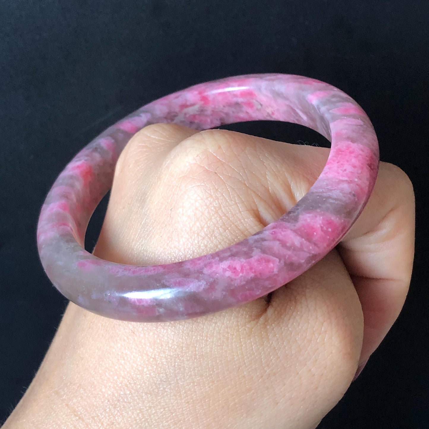 56.6mm Ultra-rare Natural Icy Rhodonite Stone Bangle:  Night Sakura Rain, Cherry Plum Blossom Icy Grey Pink Crystal Bracelet, Pink Lances, Black Dark Gemstone bangle pink stone bangle love stone healing stone heart chakra healing crystal mediative stone pink gemstone gift for her mother day gift black crystal gray crystal black pink bracelet natural untreated crystal women bracelet