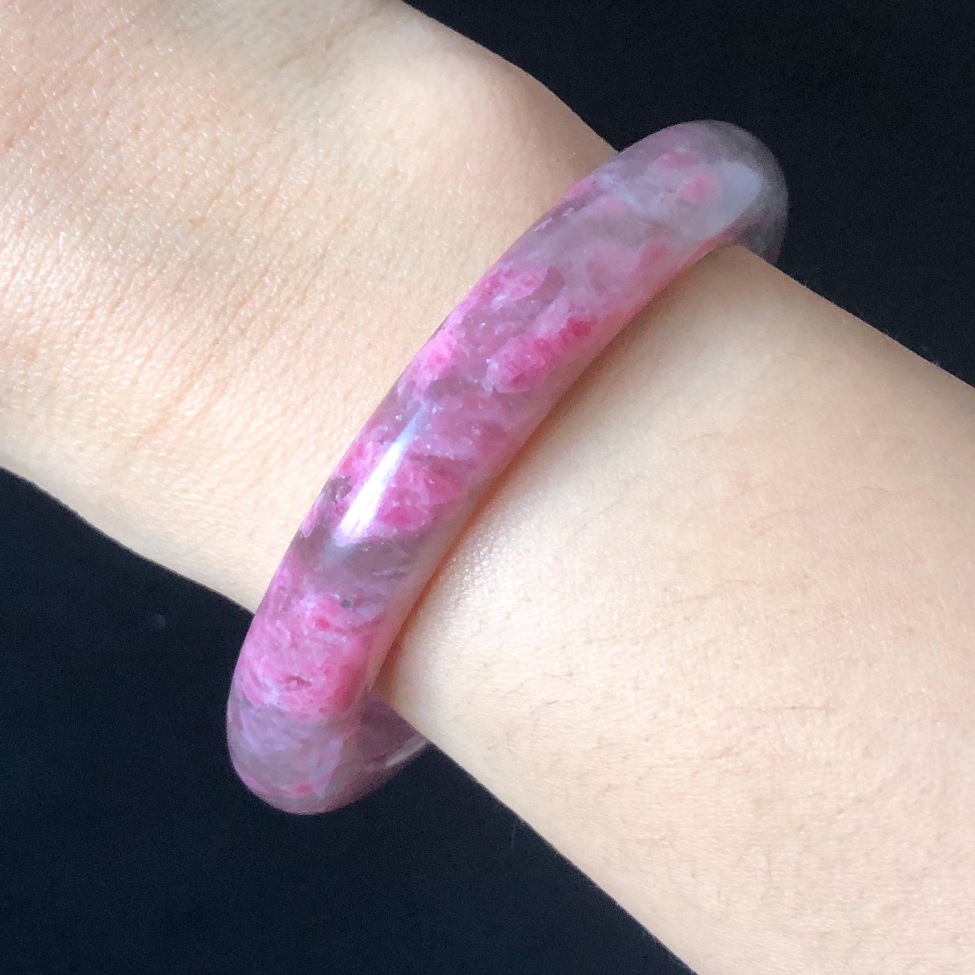 56.6mm Ultra-rare Natural Icy Rhodonite Stone Bangle:  Night Sakura Rain, Cherry Plum Blossom Icy Grey Pink Crystal Bracelet, Pink Lances, Black Dark Gemstone bangle pink stone bangle love stone healing stone heart chakra healing crystal mediative stone pink gemstone gift for her mother day gift black crystal gray crystal black pink bracelet natural untreated crystal women bracelet