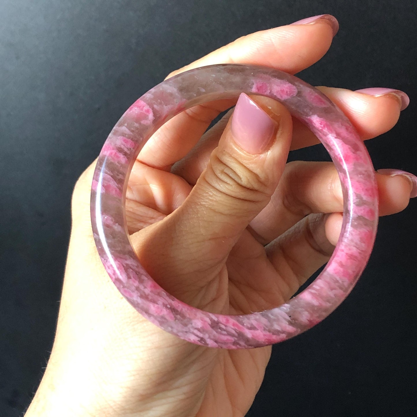 56.6mm Ultra-rare Natural Icy Rhodonite Stone Bangle:  Night Sakura Rain, Cherry Plum Blossom Icy Grey Pink Crystal Bracelet, Pink Lances, Black Dark Gemstone bangle pink stone bangle love stone healing stone heart chakra healing crystal mediative stone pink gemstone gift for her mother day gift black crystal gray crystal black pink bracelet natural untreated crystal women bracelet