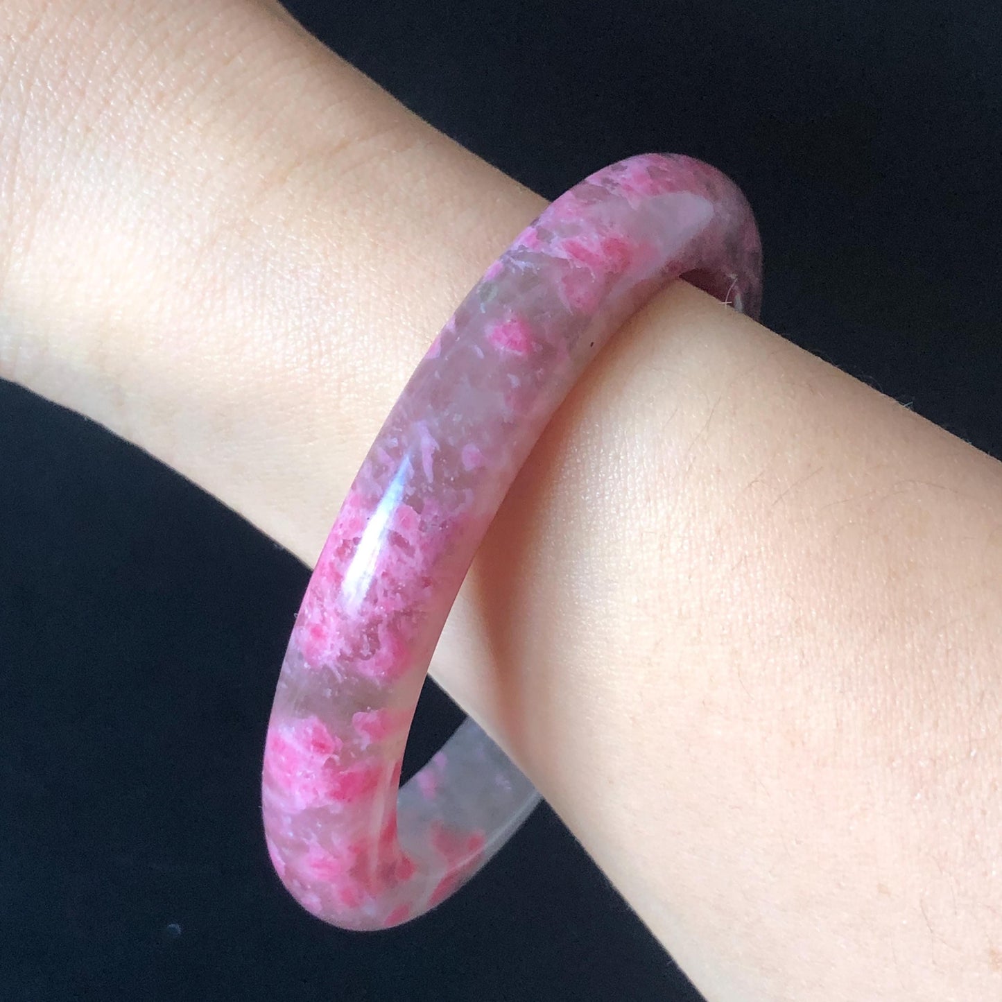 56.6mm Ultra-rare Natural Icy Rhodonite Stone Bangle:  Night Sakura Rain, Cherry Plum Blossom Icy Grey Pink Crystal Bracelet, Pink Lances, Black Dark Gemstone bangle pink stone bangle love stone healing stone heart chakra healing crystal mediative stone pink gemstone gift for her mother day gift black crystal gray crystal black pink bracelet natural untreated crystal women bracelet