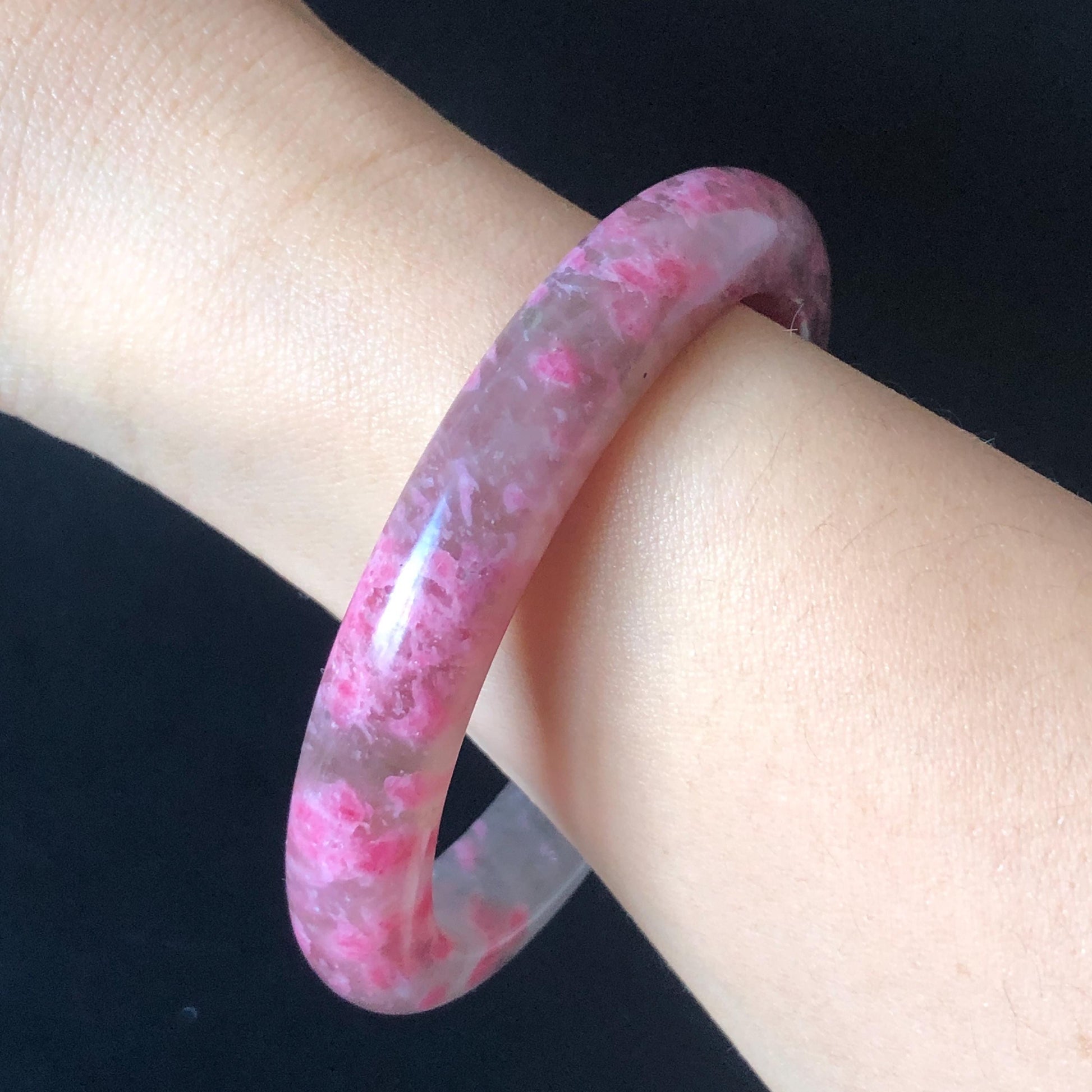 56.6mm Ultra-rare Natural Icy Rhodonite Stone Bangle:  Night Sakura Rain, Cherry Plum Blossom Icy Grey Pink Crystal Bracelet, Pink Lances, Black Dark Gemstone bangle pink stone bangle love stone healing stone heart chakra healing crystal mediative stone pink gemstone gift for her mother day gift black crystal gray crystal black pink bracelet natural untreated crystal women bracelet