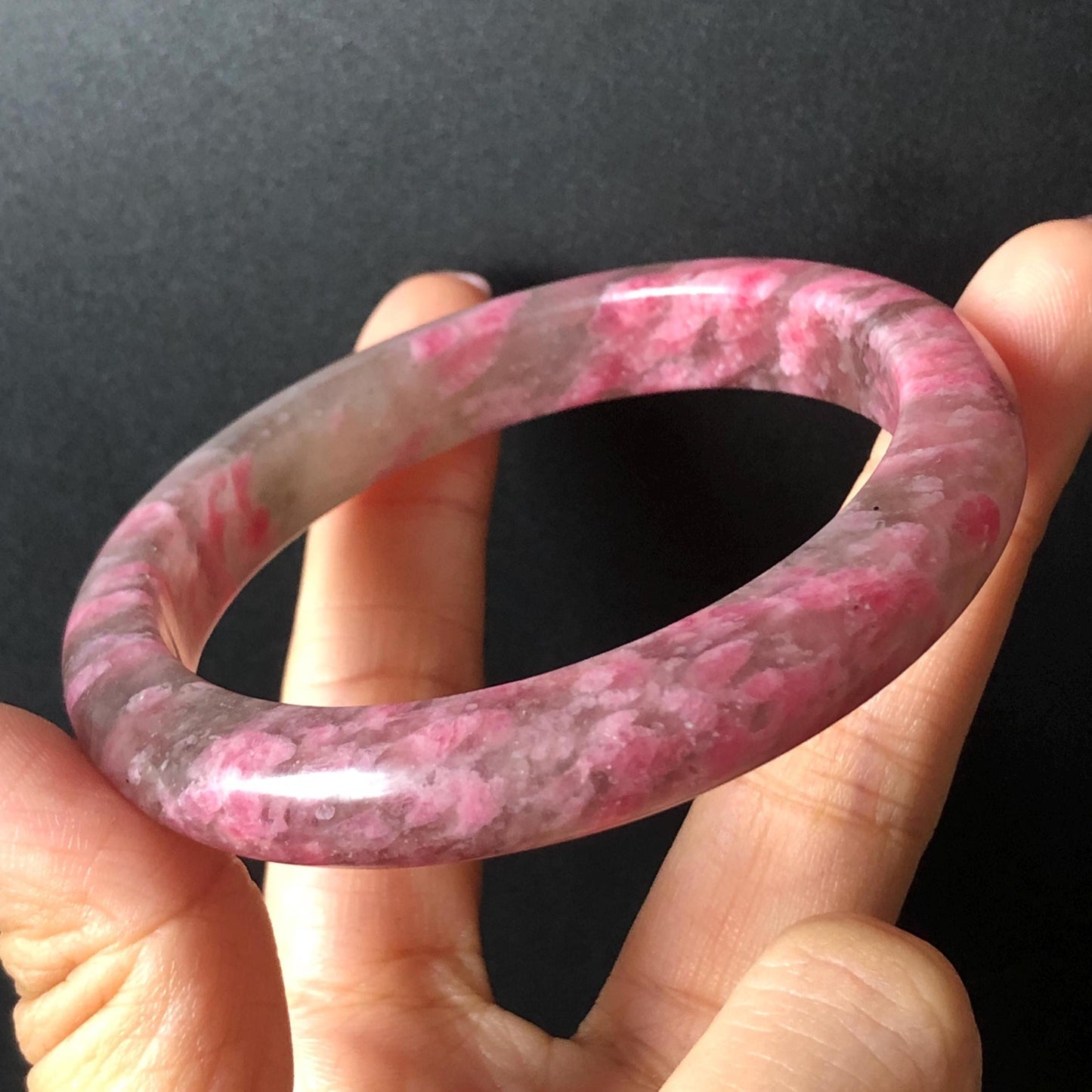 56.6mm Ultra-rare Natural Icy Rhodonite Stone Bangle:  Night Sakura Rain, Cherry Plum Blossom Icy Grey Pink Crystal Bracelet, Pink Lances, Black Dark Gemstone bangle pink stone bangle love stone healing stone heart chakra healing crystal mediative stone pink gemstone gift for her mother day gift black crystal gray crystal black pink bracelet natural untreated crystal women bracelet