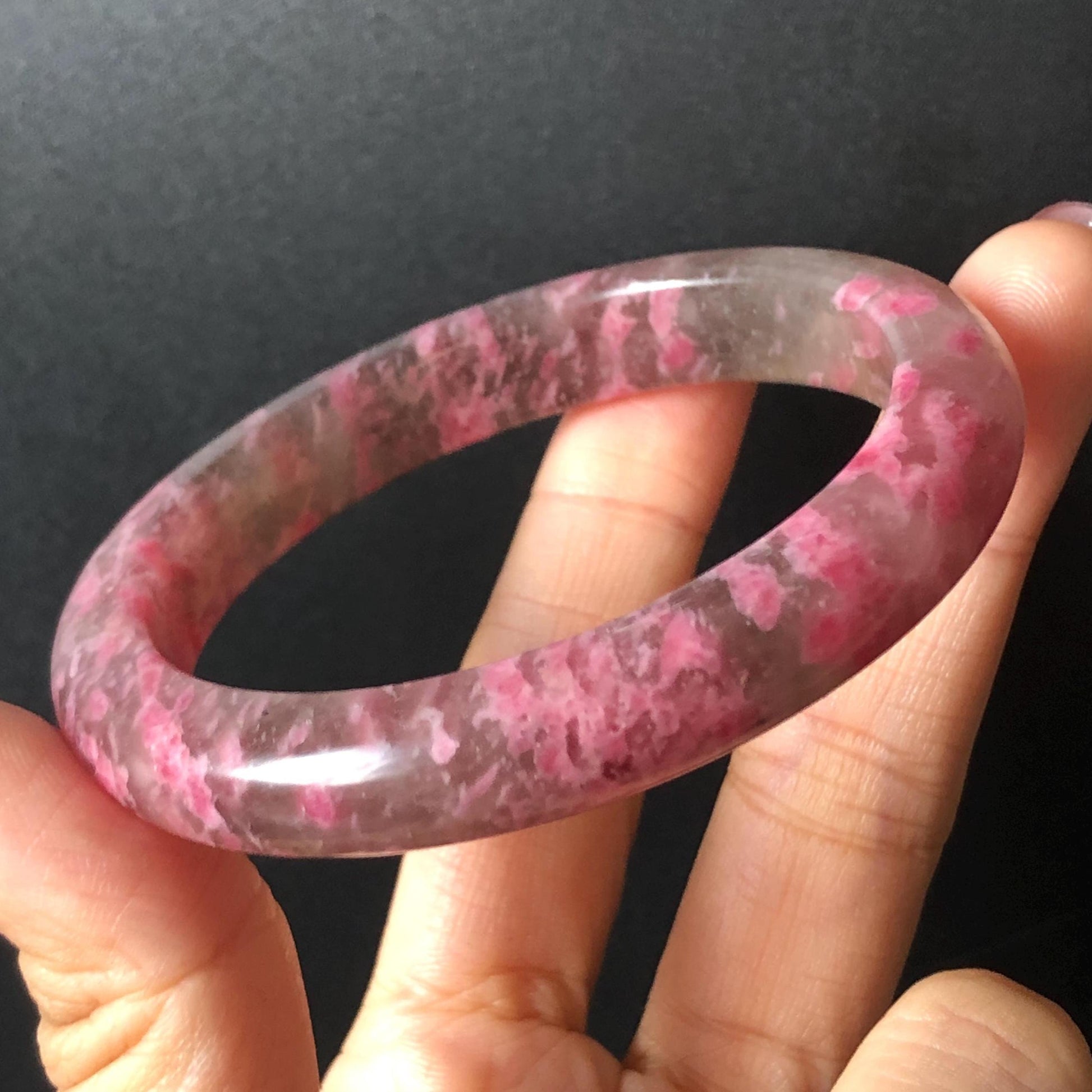 56.6mm Ultra-rare Natural Icy Rhodonite Stone Bangle:  Night Sakura Rain, Cherry Plum Blossom Icy Grey Pink Crystal Bracelet, Pink Lances, Black Dark Gemstone bangle pink stone bangle love stone healing stone heart chakra healing crystal mediative stone pink gemstone gift for her mother day gift black crystal gray crystal black pink bracelet natural untreated crystal women bracelet
