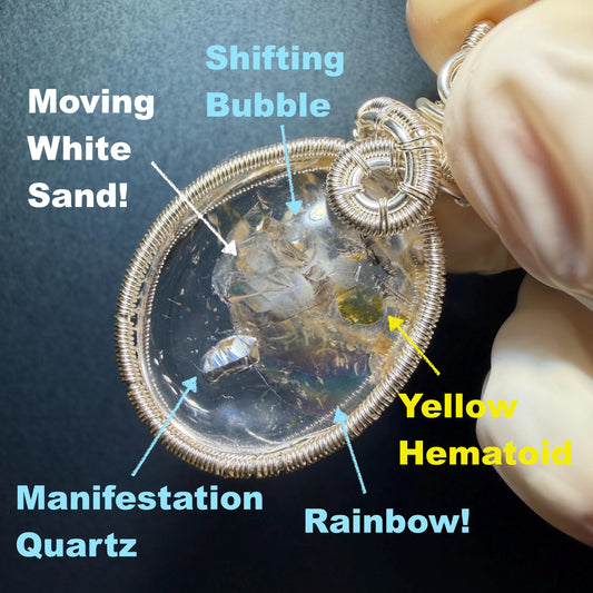 Rare Found! Polished Enhydro Golden Healer Quartz Cabochon Pendant Adjustable Necklace: Rainbow! Moving White Sand & Bubble Yellow Hematoid Inclusion and Manifestations Quartz Crystal | Natural Gemstone Birthstone Gift for her Birthstone enhydro quartz sand water-fall  choker gemstone charm stone pendant choker polished stone pendant crystal charm birthstone men necklace chakra crystal healing stone minerals specimen adjustable choker rainbow quartz mica flakes silver wire wrapped pendant