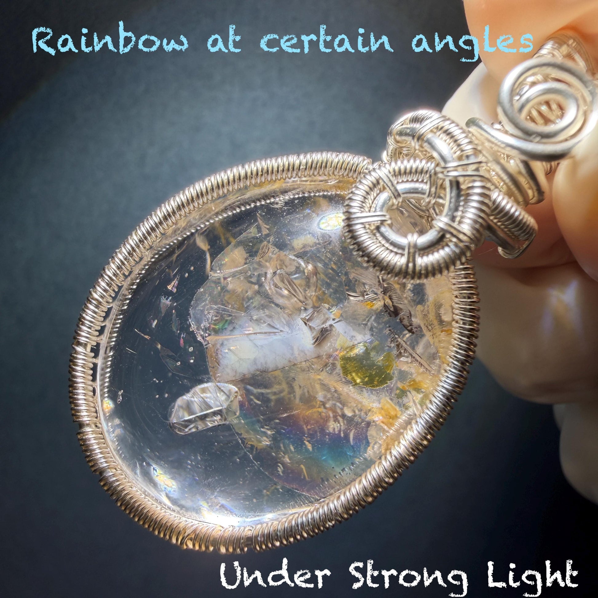 Rare Found! Polished Enhydro Golden Healer Quartz Cabochon Pendant Adjustable Necklace: Rainbow! Moving White Sand & Bubble Yellow Hematoid Inclusion and Manifestations Quartz Crystal | Natural Gemstone Birthstone Gift for her Birthstone enhydro quartz sand water-fall  choker gemstone charm stone pendant choker polished stone pendant crystal charm birthstone men necklace chakra crystal healing stone minerals specimen adjustable choker rainbow quartz mica flakes silver wire wrapped pendant