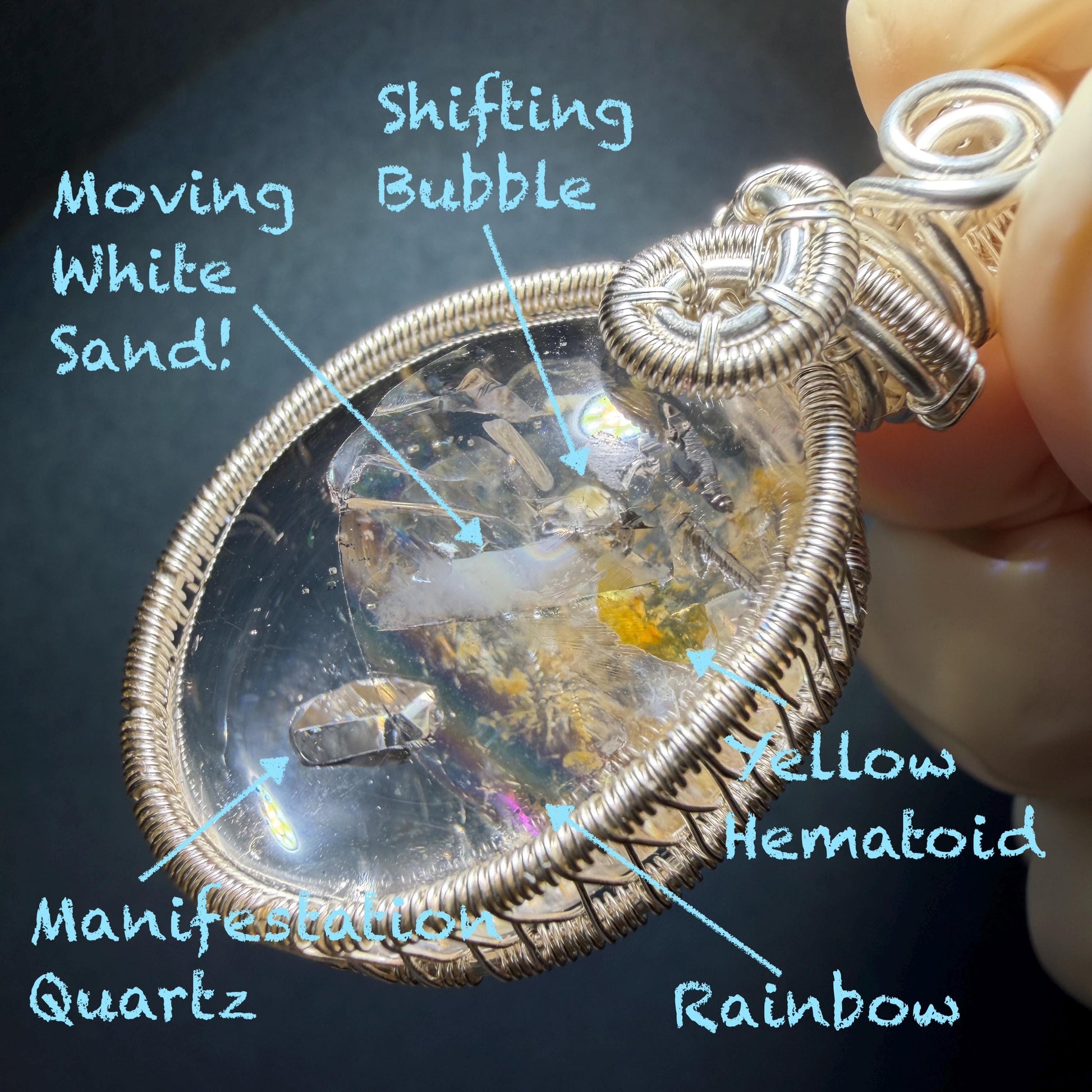 Rare Found! Polished Enhydro Golden Healer Quartz Cabochon Pendant Adjustable Necklace: Rainbow! Moving White Sand & Bubble Yellow Hematoid Inclusion and Manifestations Quartz Crystal | Natural Gemstone Birthstone Gift for her Birthstone enhydro quartz sand water-fall  choker gemstone charm stone pendant choker polished stone pendant crystal charm birthstone men necklace chakra crystal healing stone minerals specimen adjustable choker rainbow quartz mica flakes silver wire wrapped pendant