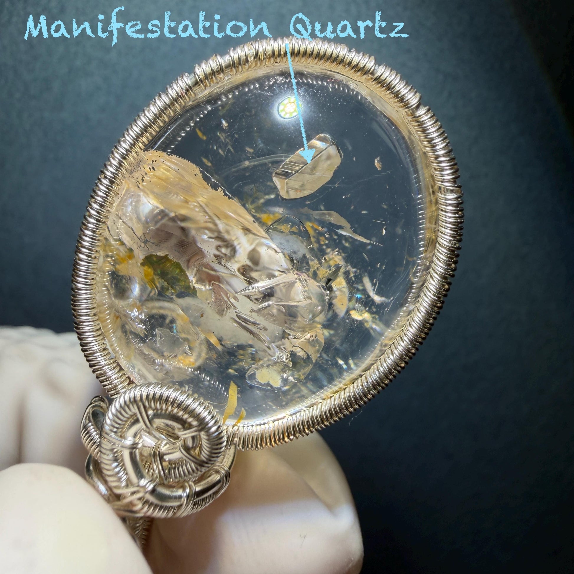 Rare Found! Polished Enhydro Golden Healer Quartz Cabochon Pendant Adjustable Necklace: Rainbow! Moving White Sand & Bubble Yellow Hematoid Inclusion and Manifestations Quartz Crystal | Natural Gemstone Birthstone Gift for her Birthstone enhydro quartz sand water-fall  choker gemstone charm stone pendant choker polished stone pendant crystal charm birthstone men necklace chakra crystal healing stone minerals specimen adjustable choker rainbow quartz mica flakes silver wire wrapped pendant