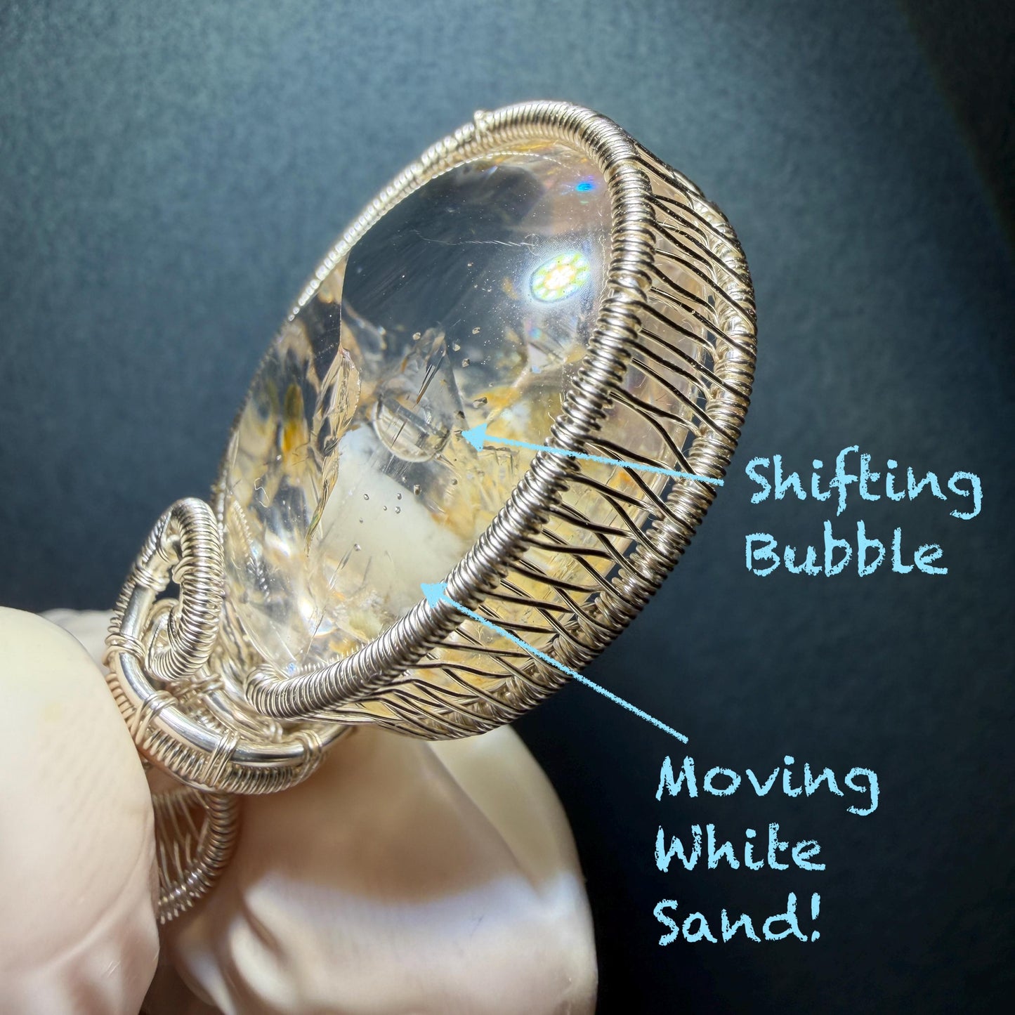 Rare Found! Polished Enhydro Golden Healer Quartz Cabochon Pendant Adjustable Necklace: Rainbow! Moving White Sand & Bubble Yellow Hematoid Inclusion and Manifestations Quartz Crystal | Natural Gemstone Birthstone Gift for her Birthstone enhydro quartz sand water-fall  choker gemstone charm stone pendant choker polished stone pendant crystal charm birthstone men necklace chakra crystal healing stone minerals specimen adjustable choker rainbow quartz mica flakes silver wire wrapped pendant