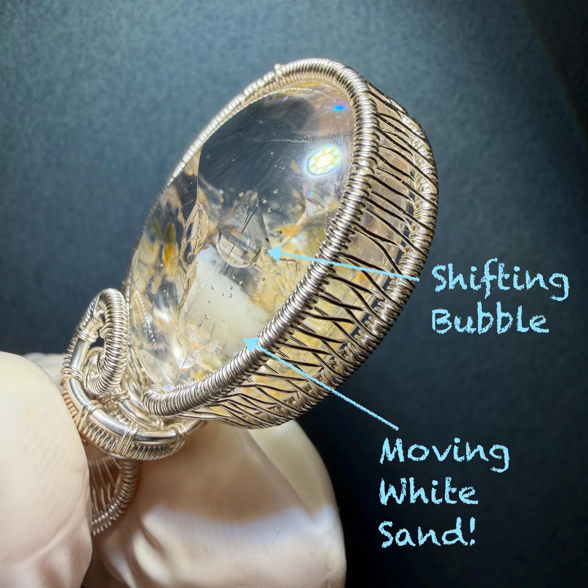 Rare Found! Polished Enhydro Golden Healer Quartz Cabochon Pendant Adjustable Necklace: Rainbow! Moving White Sand & Bubble Yellow Hematoid Inclusion and Manifestations Quartz Crystal | Natural Gemstone Birthstone Gift for her Birthstone enhydro quartz sand water-fall  choker gemstone charm stone pendant choker polished stone pendant crystal charm birthstone men necklace chakra crystal healing stone minerals specimen adjustable choker rainbow quartz mica flakes silver wire wrapped pendant