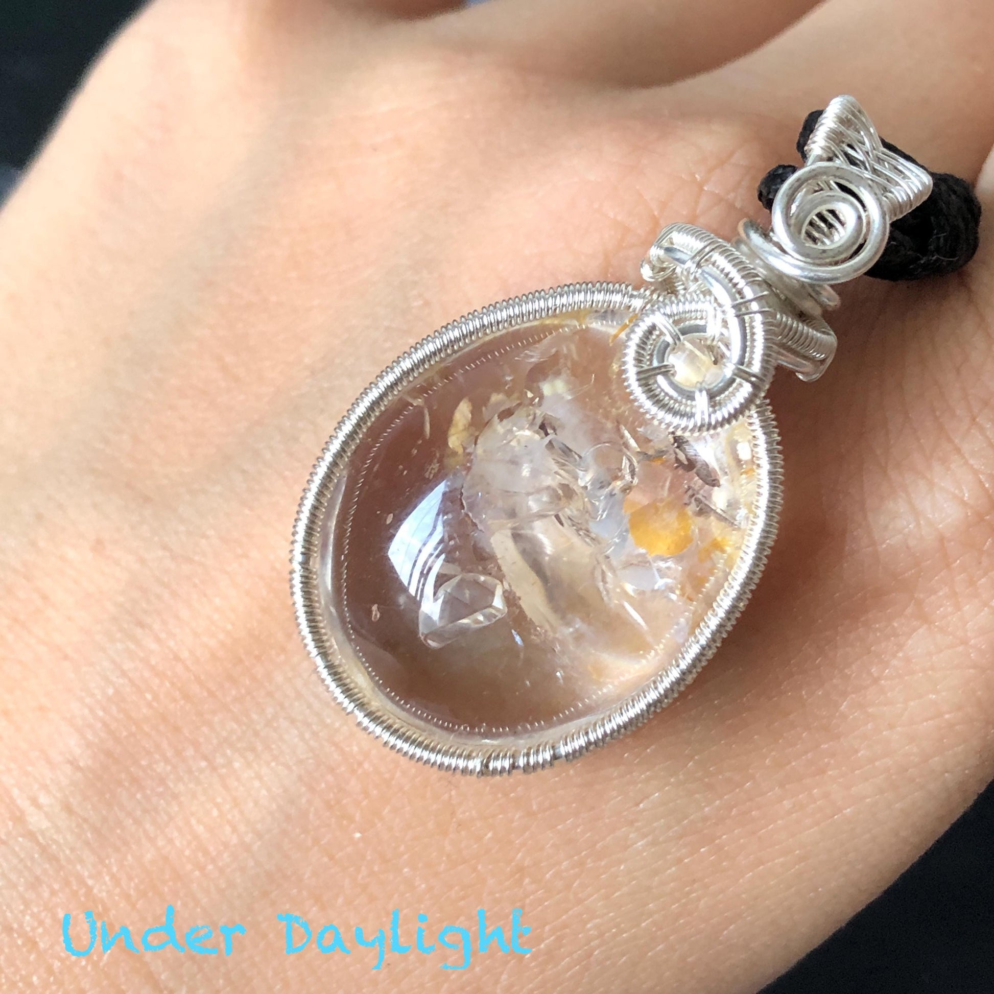Rare Found! Polished Enhydro Golden Healer Quartz Cabochon Pendant Adjustable Necklace: Rainbow! Moving White Sand & Bubble Yellow Hematoid Inclusion and Manifestations Quartz Crystal | Natural Gemstone Birthstone Gift for her Birthstone enhydro quartz sand water-fall  choker gemstone charm stone pendant choker polished stone pendant crystal charm birthstone men necklace chakra crystal healing stone minerals specimen adjustable choker rainbow quartz mica flakes silver wire wrapped pendant