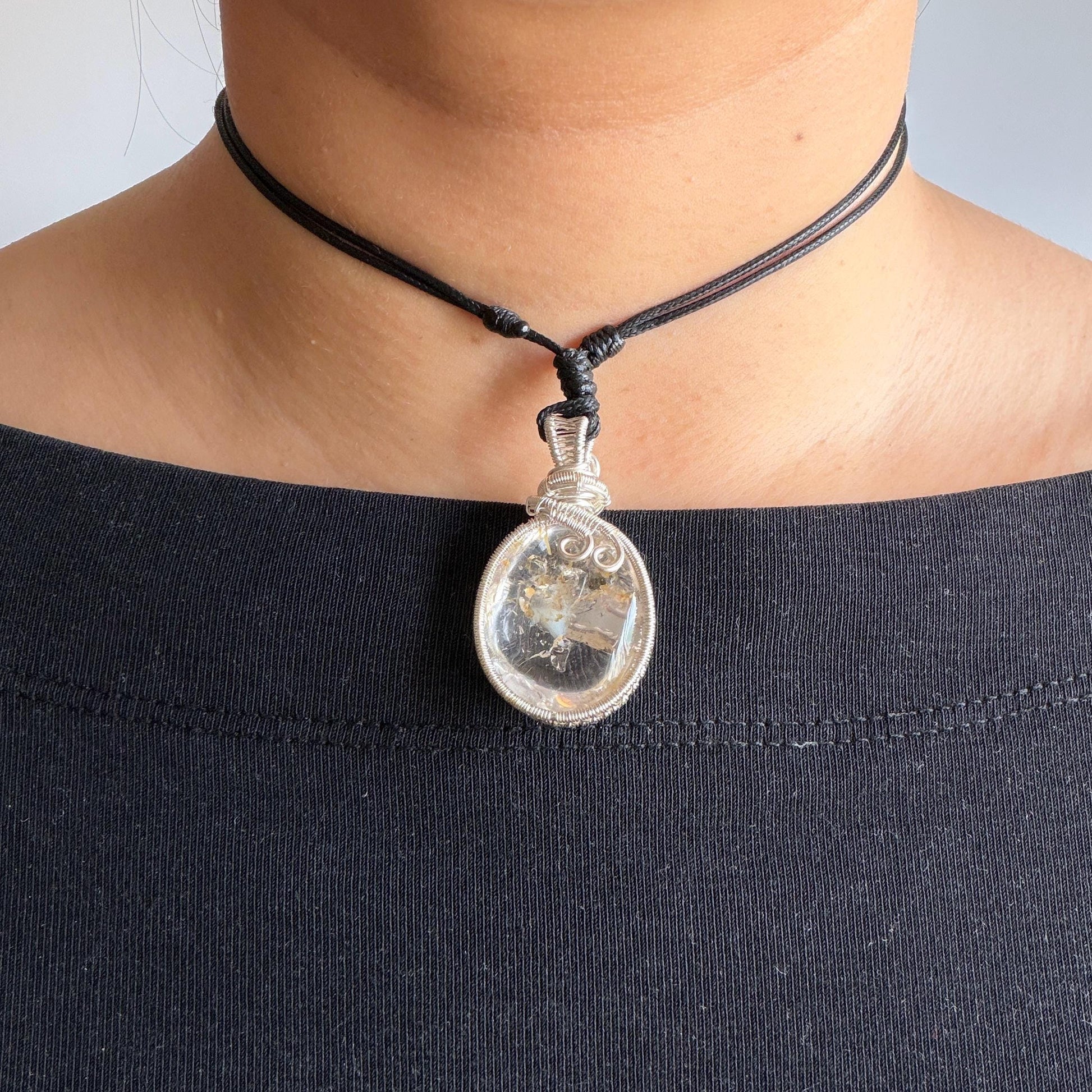 Rare Found! Polished Enhydro Golden Healer Quartz Cabochon Pendant Adjustable Necklace: Rainbow! Moving White Sand & Bubble Yellow Hematoid Inclusion and Manifestations Quartz Crystal | Natural Gemstone Birthstone Gift for her Birthstone enhydro quartz sand water-fall  choker gemstone charm stone pendant choker polished stone pendant crystal charm birthstone men necklace chakra crystal healing stone minerals specimen adjustable choker rainbow quartz mica flakes silver wire wrapped pendant