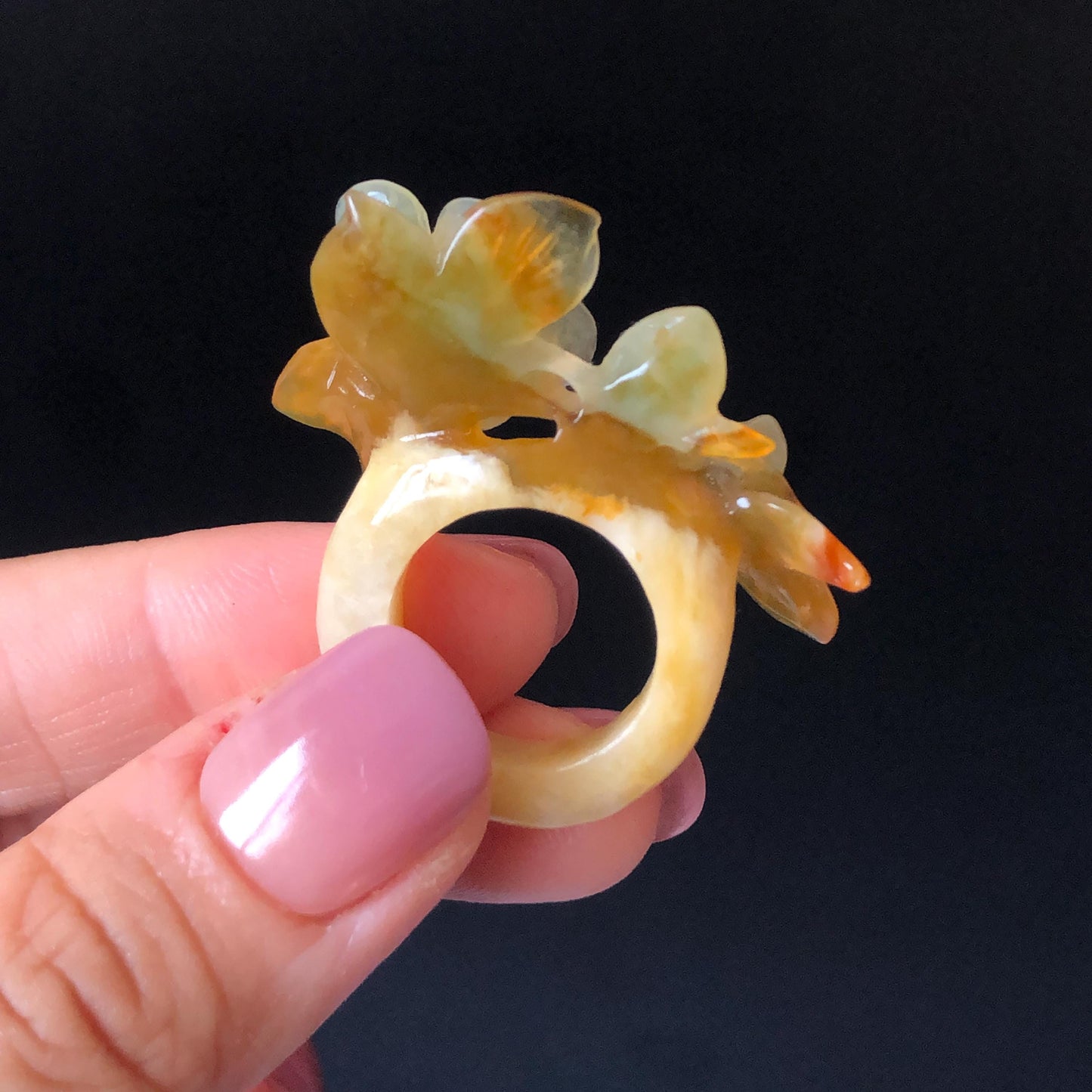 Xiu Jade (Serpentine) Hand Carved Plum Blossom Flower Ring 16.1mm (US 5.5): Natural Multicolour White Brown Blue Jade Statement Ring 3D stone carving Band Ring gift for her blue jade carving green jade white jade brown jade multicolour jade flower carving plum blossom carving hand engraved statement ring hand carved flower natural untreated jade handcrafted jade ring 3D carving Stone carving Gemstone Carving flower Lover gift jade cocktail ring jade band ring handcrafted jade stackable ring