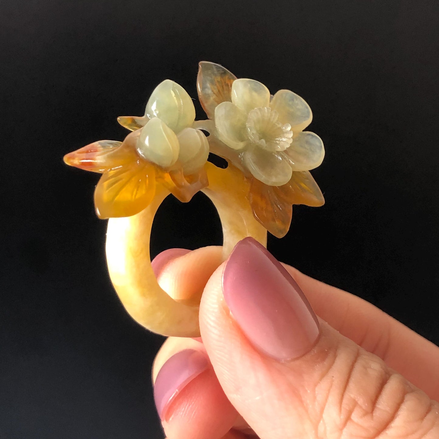 Xiu Jade (Serpentine) Hand Carved Plum Blossom Flower Ring 16.1mm (US 5.5): Natural Multicolour White Brown Blue Jade Statement Ring 3D stone carving Band Ring gift for her blue jade carving green jade white jade brown jade multicolour jade flower carving plum blossom carving hand engraved statement ring hand carved flower natural untreated jade handcrafted jade ring 3D carving Stone carving Gemstone Carving flower Lover gift jade cocktail ring jade band ring handcrafted jade stackable ring