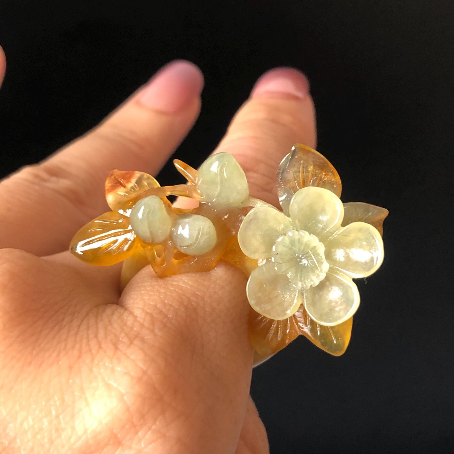 Xiu Jade (Serpentine) Hand Carved Plum Blossom Flower Ring 16.1mm (US 5.5): Natural Multicolour White Brown Blue Jade Statement Ring 3D stone carving Band Ring gift for her blue jade carving green jade white jade brown jade multicolour jade flower carving plum blossom carving hand engraved statement ring hand carved flower natural untreated jade handcrafted jade ring 3D carving Stone carving Gemstone Carving flower Lover gift jade cocktail ring jade band ring handcrafted jade stackable ring