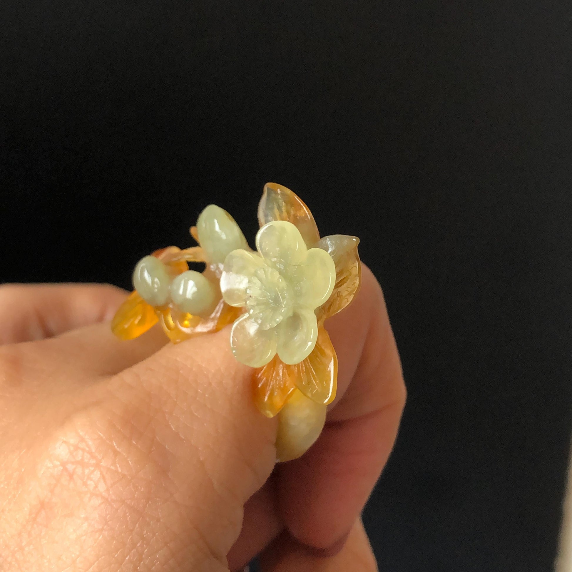 Xiu Jade (Serpentine) Hand Carved Plum Blossom Flower Ring 16.1mm (US 5.5): Natural Multicolour White Brown Blue Jade Statement Ring 3D stone carving Band Ring gift for her blue jade carving green jade white jade brown jade multicolour jade flower carving plum blossom carving hand engraved statement ring hand carved flower natural untreated jade handcrafted jade ring 3D carving Stone carving Gemstone Carving flower Lover gift jade cocktail ring jade band ring handcrafted jade stackable ring