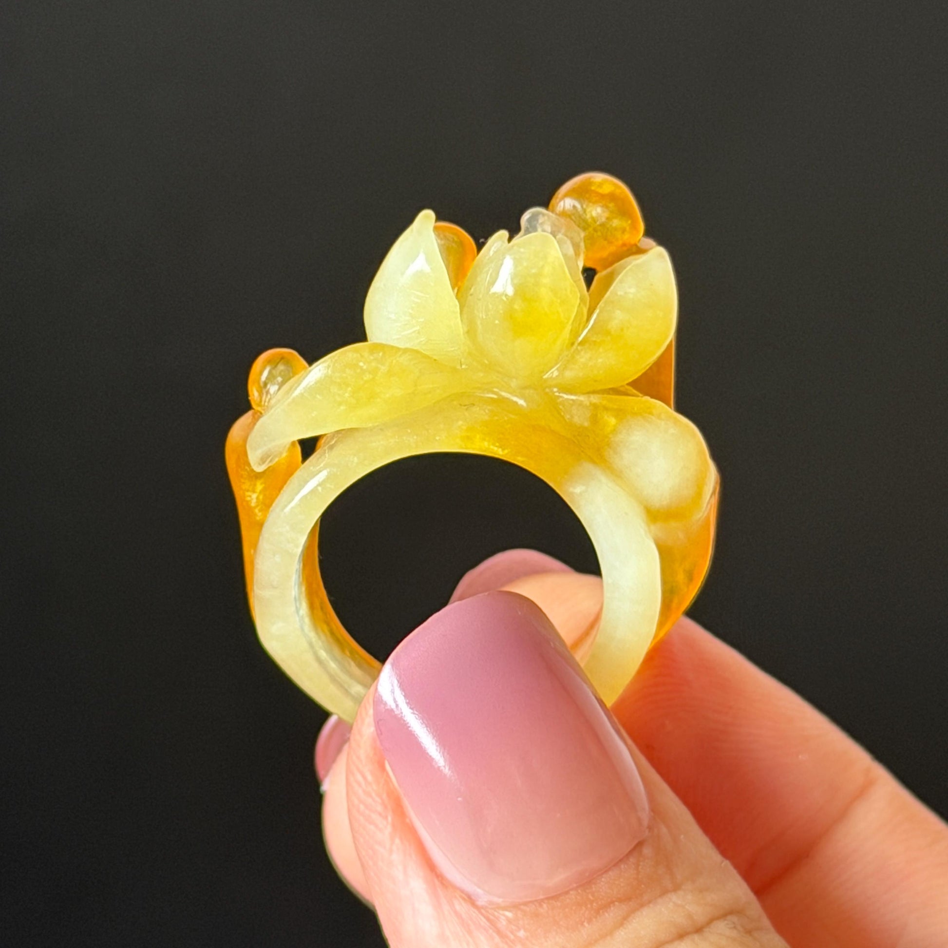 Natural Xiu Jade (Serpentine) Hand Carved Enlightenment Statement Ring 17.2mm (US 7): Lotus and Monks Bicolor White Orange Jade 3D stone carving  Band Ring gift for her orange jade carving white jade brown jade multicolour jade flower carving lotus carving hand engraved statement ring hand carved flower natural untreated jade handcrafted jade ring 3D jade carving Stone carving Gemstone Carving flower Lover gift jade cocktail ring jade band ring handcrafted jade stackable ring