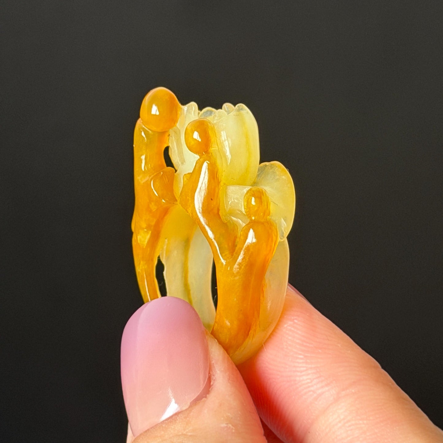 Natural Xiu Jade (Serpentine) Hand Carved Enlightenment Statement Ring 17.2mm (US 7): Lotus and Monks Bicolor White Orange Jade 3D stone carving  Band Ring gift for her orange jade carving white jade brown jade multicolour jade flower carving lotus carving hand engraved statement ring hand carved flower natural untreated jade handcrafted jade ring 3D jade carving Stone carving Gemstone Carving flower Lover gift jade cocktail ring jade band ring handcrafted jade stackable ring