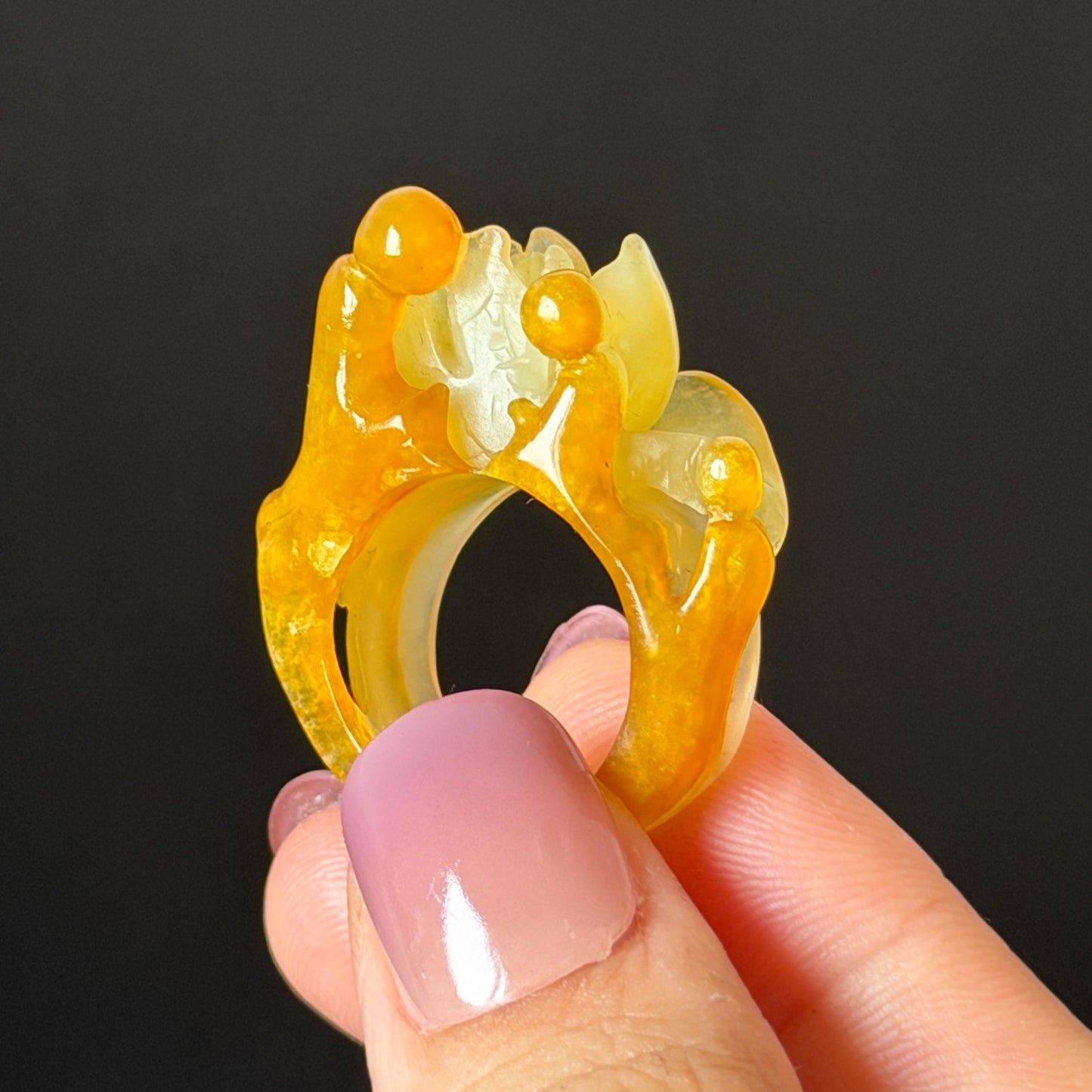 Natural Xiu Jade (Serpentine) Hand Carved Enlightenment Statement Ring 17.2mm (US 7): Lotus and Monks Bicolor White Orange Jade 3D stone carving  Band Ring gift for her orange jade carving white jade brown jade multicolour jade flower carving lotus carving hand engraved statement ring hand carved flower natural untreated jade handcrafted jade ring 3D jade carving Stone carving Gemstone Carving flower Lover gift jade cocktail ring jade band ring handcrafted jade stackable ring