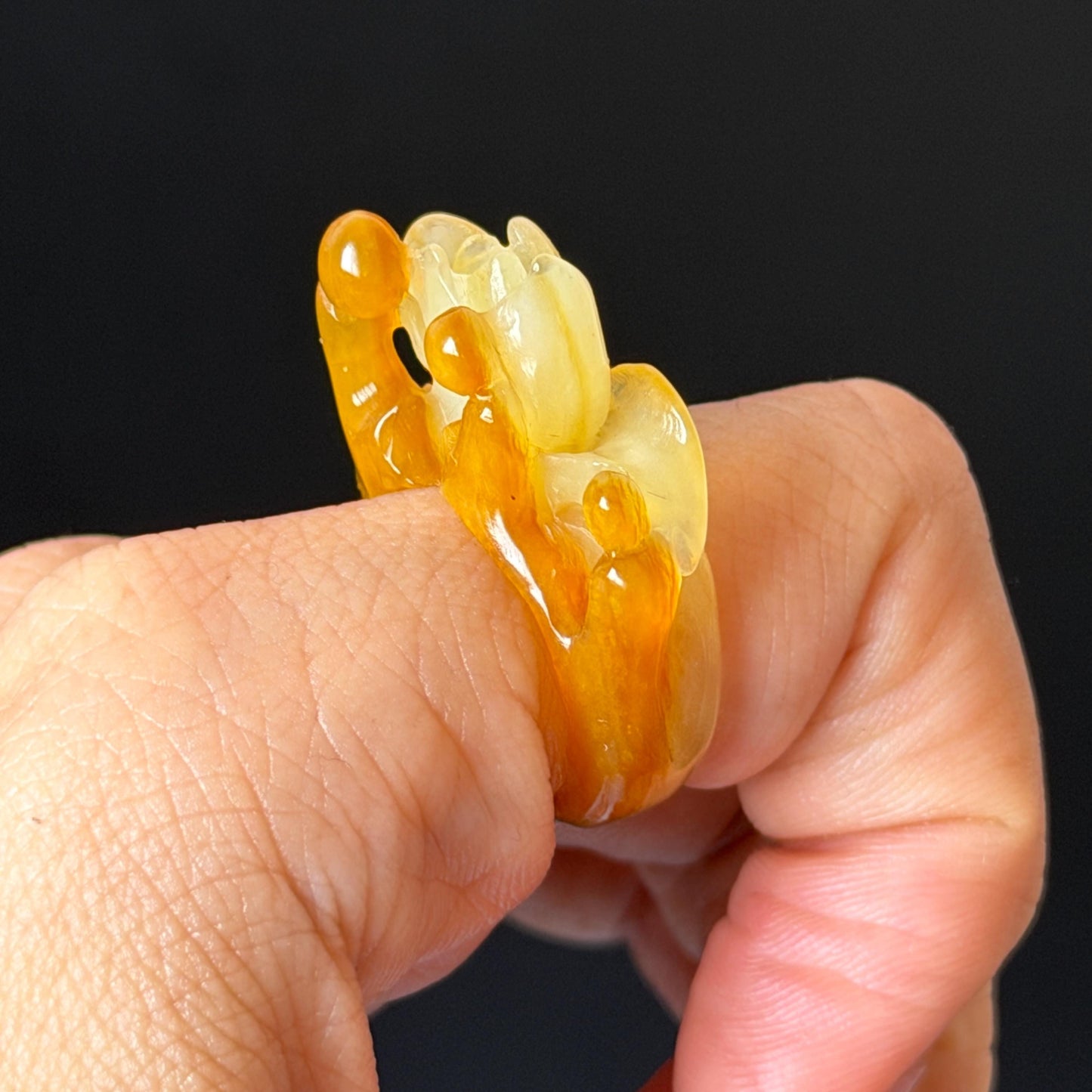Natural Xiu Jade (Serpentine) Hand Carved Enlightenment Statement Ring 17.2mm (US 7): Lotus and Monks Bicolor White Orange Jade 3D stone carving  Band Ring gift for her orange jade carving white jade brown jade multicolour jade flower carving lotus carving hand engraved statement ring hand carved flower natural untreated jade handcrafted jade ring 3D jade carving Stone carving Gemstone Carving flower Lover gift jade cocktail ring jade band ring handcrafted jade stackable ring