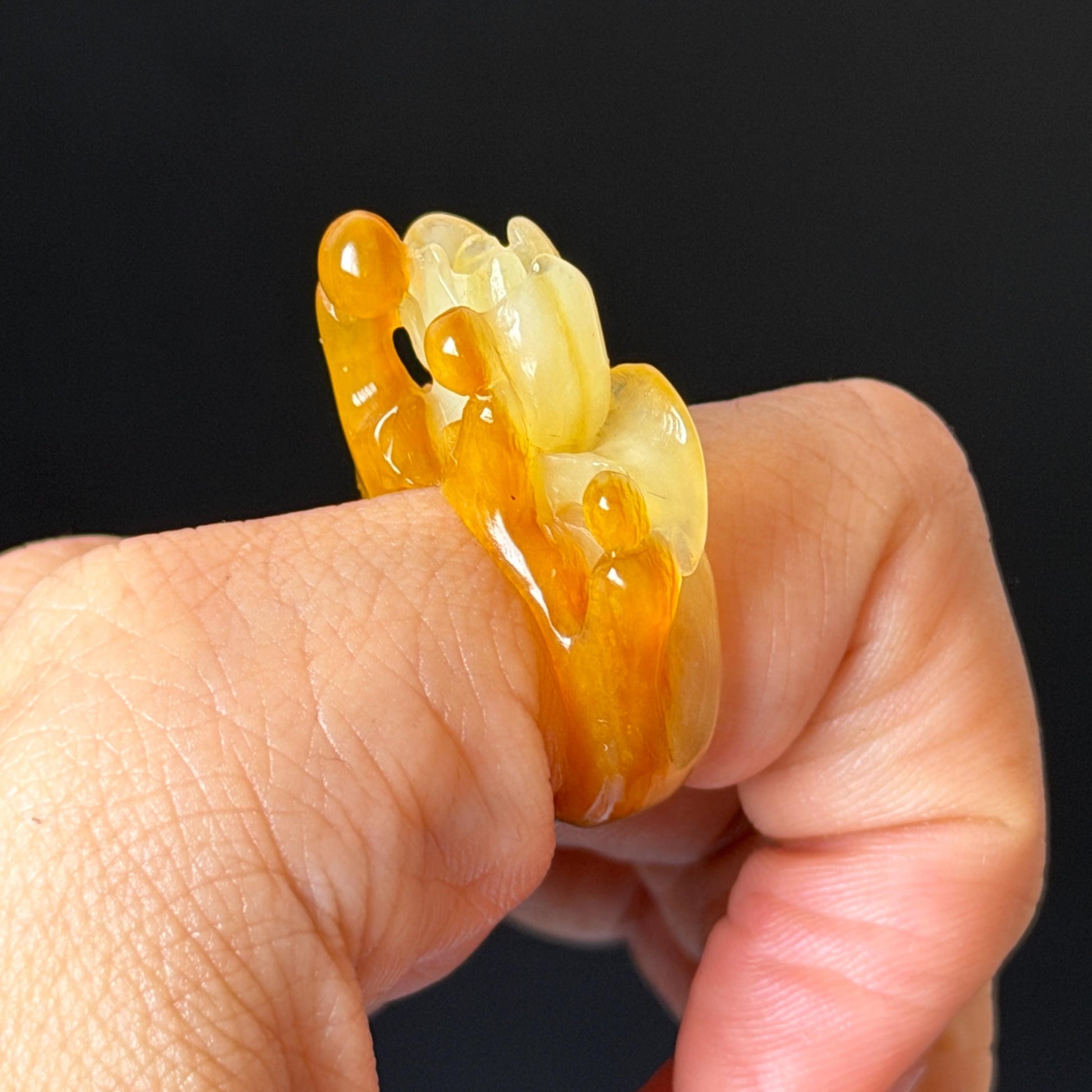 Natural Xiu Jade (Serpentine) Hand Carved Enlightenment Statement Ring 17.2mm (US 7): Lotus and Monks Bicolor White Orange Jade 3D stone carving  Band Ring gift for her orange jade carving white jade brown jade multicolour jade flower carving lotus carving hand engraved statement ring hand carved flower natural untreated jade handcrafted jade ring 3D jade carving Stone carving Gemstone Carving flower Lover gift jade cocktail ring jade band ring handcrafted jade stackable ring