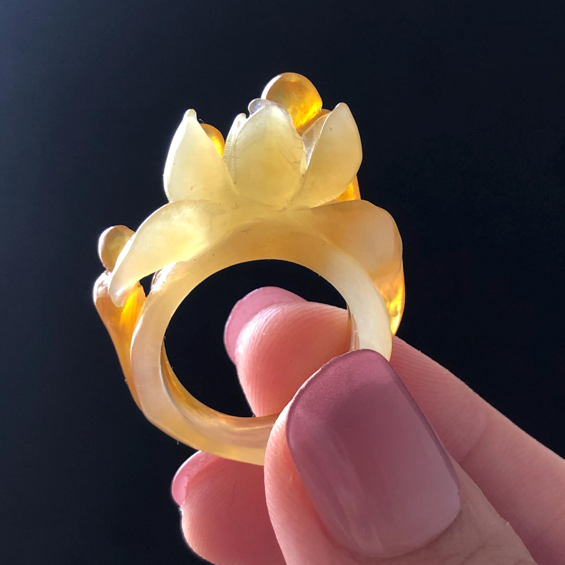 Natural Xiu Jade (Serpentine) Hand Carved Enlightenment Statement Ring 17.2mm (US 7): Lotus and Monks Bicolor White Orange Jade 3D stone carving  Band Ring gift for her orange jade carving white jade brown jade multicolour jade flower carving lotus carving hand engraved statement ring hand carved flower natural untreated jade handcrafted jade ring 3D jade carving Stone carving Gemstone Carving flower Lover gift jade cocktail ring jade band ring handcrafted jade stackable ring