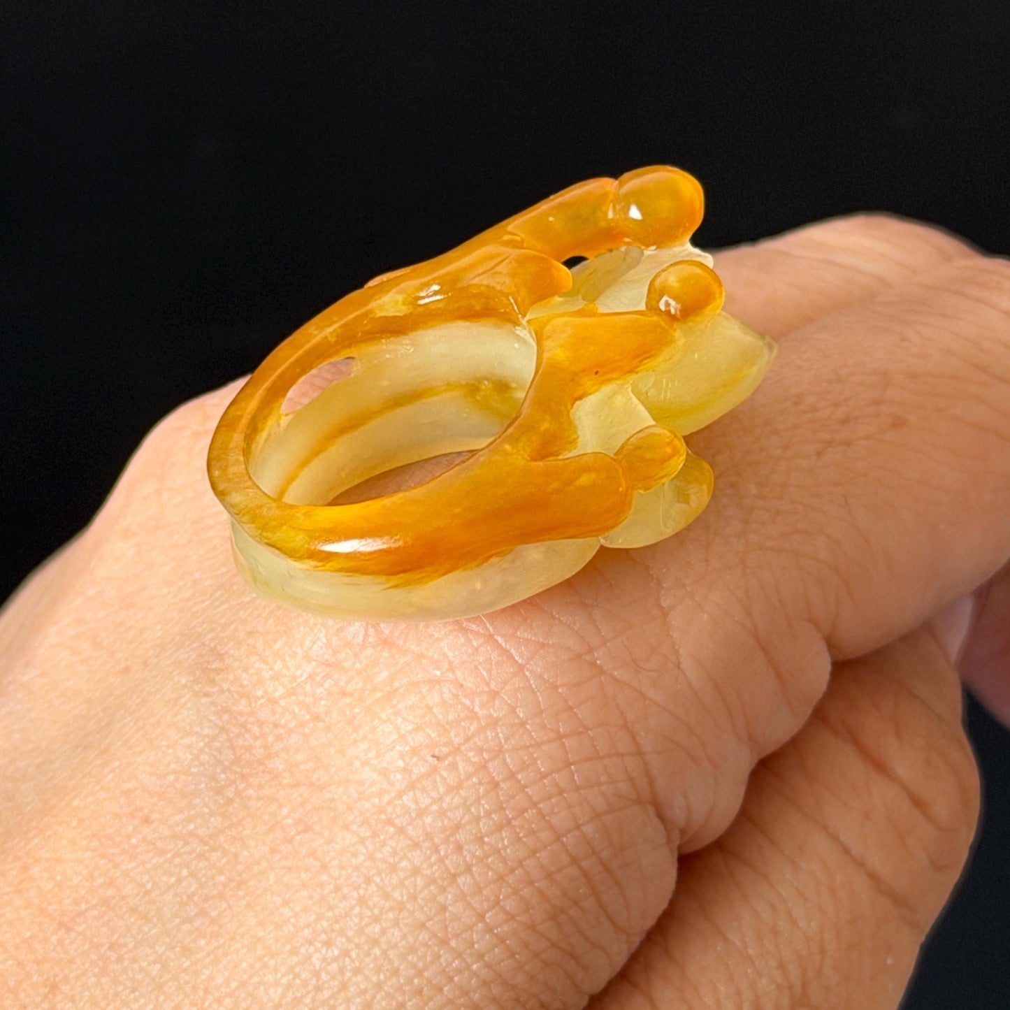Natural Xiu Jade (Serpentine) Hand Carved Enlightenment Statement Ring 17.2mm (US 7): Lotus and Monks Bicolor White Orange Jade 3D stone carving  Band Ring gift for her orange jade carving white jade brown jade multicolour jade flower carving lotus carving hand engraved statement ring hand carved flower natural untreated jade handcrafted jade ring 3D jade carving Stone carving Gemstone Carving flower Lover gift jade cocktail ring jade band ring handcrafted jade stackable ring