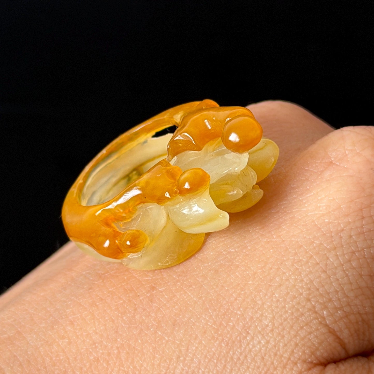 Natural Xiu Jade (Serpentine) Hand Carved Enlightenment Statement Ring 17.2mm (US 7): Lotus and Monks Bicolor White Orange Jade 3D stone carving  Band Ring gift for her orange jade carving white jade brown jade multicolour jade flower carving lotus carving hand engraved statement ring hand carved flower natural untreated jade handcrafted jade ring 3D jade carving Stone carving Gemstone Carving flower Lover gift jade cocktail ring jade band ring handcrafted jade stackable ring
