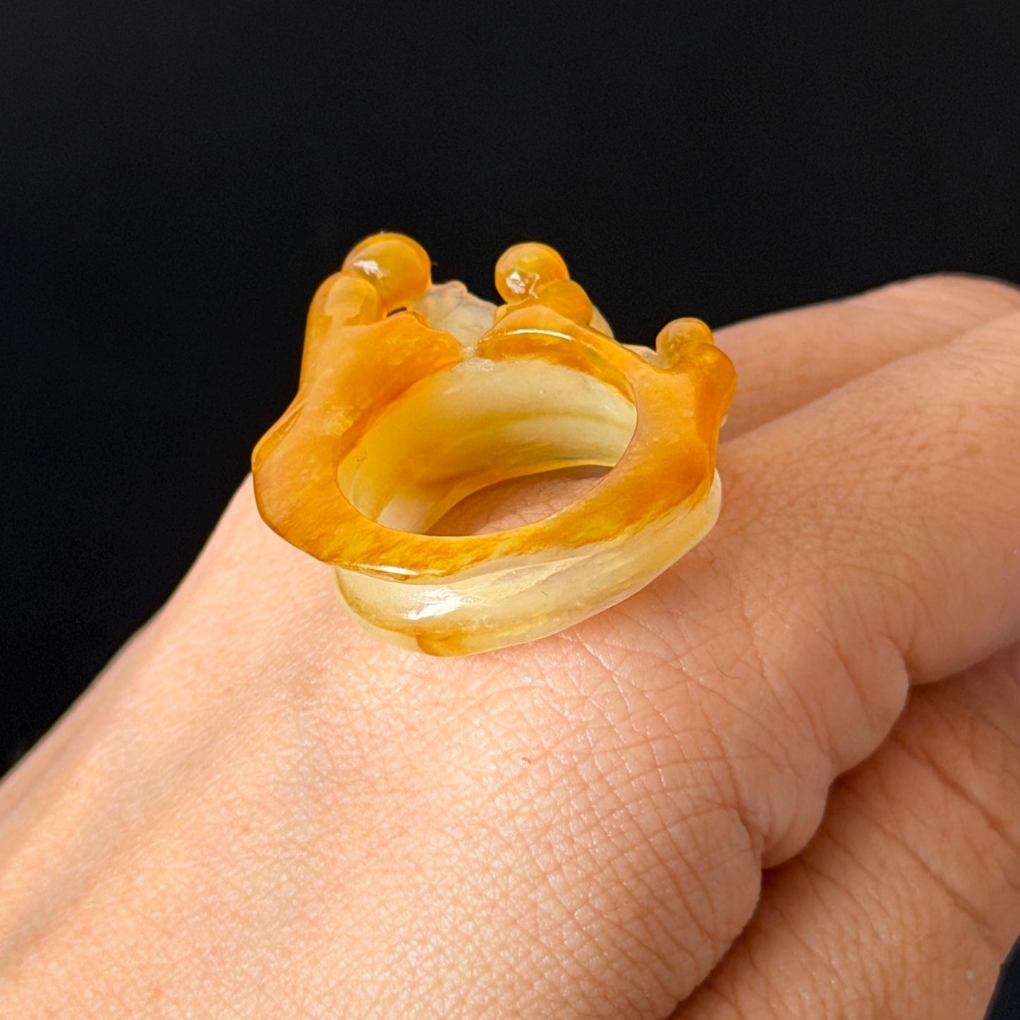 Natural Xiu Jade (Serpentine) Hand Carved Enlightenment Statement Ring 17.2mm (US 7): Lotus and Monks Bicolor White Orange Jade 3D stone carving  Band Ring gift for her orange jade carving white jade brown jade multicolour jade flower carving lotus carving hand engraved statement ring hand carved flower natural untreated jade handcrafted jade ring 3D jade carving Stone carving Gemstone Carving flower Lover gift jade cocktail ring jade band ring handcrafted jade stackable ring