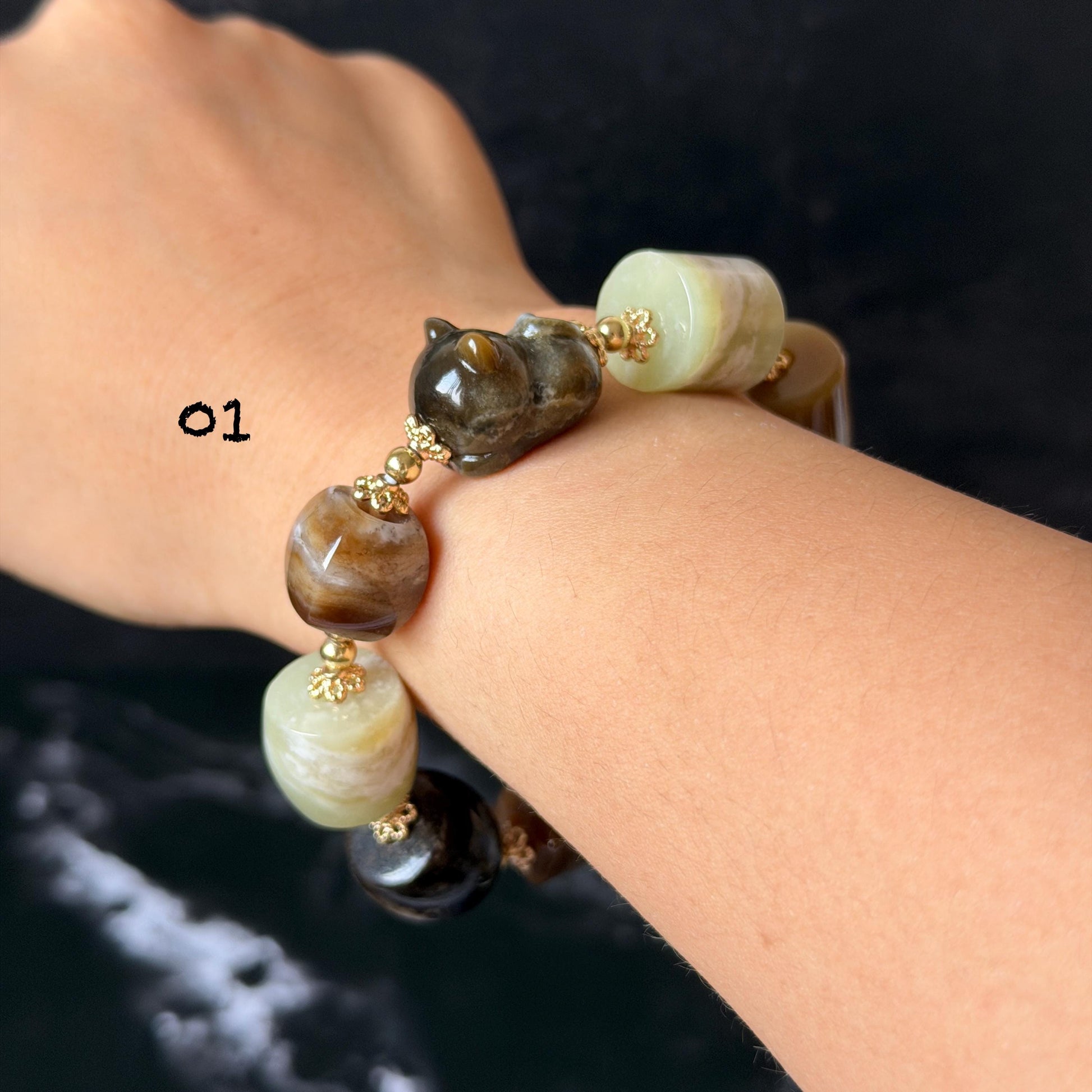Nephrite Jade Hand Carved Cat Kitten Charm Bracelet | Milk Tea & Cookies Collection | Untreated Natural White Jade Brown Jade Elastic Big Bead Bracelet Chinese Jade Vintage Bracelet Antique Bracelet Gift for her Flexible Bracelet with honey brown jade deep brown jade white jade 14k gold plated accessory nephrite beads bold bracelet irregular beads bracelet tailor made bracelet customized bracelet diy bracelet hand engraved cat carving handcrafted kitten carving cat lover gift