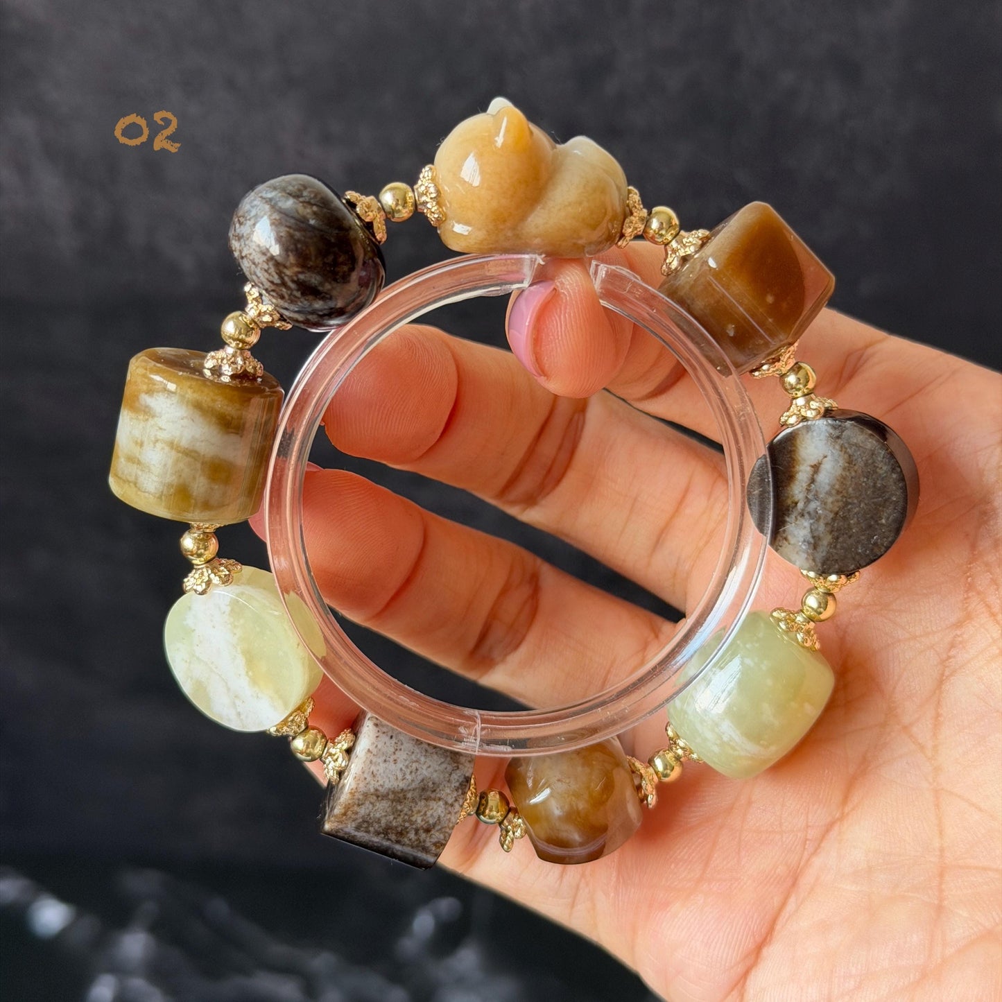 Nephrite Jade Hand Carved Cat Kitten Charm Bracelet | Milk Tea & Cookies Collection | Untreated Natural White Jade Brown Jade Elastic Big Bead Bracelet Chinese Jade Vintage Bracelet Antique Bracelet Gift for her Flexible Bracelet with honey brown jade deep brown jade white jade 14k gold plated accessory nephrite beads bold bracelet irregular beads bracelet tailor made bracelet customized bracelet diy bracelet hand engraved cat carving handcrafted kitten carving cat lover gift