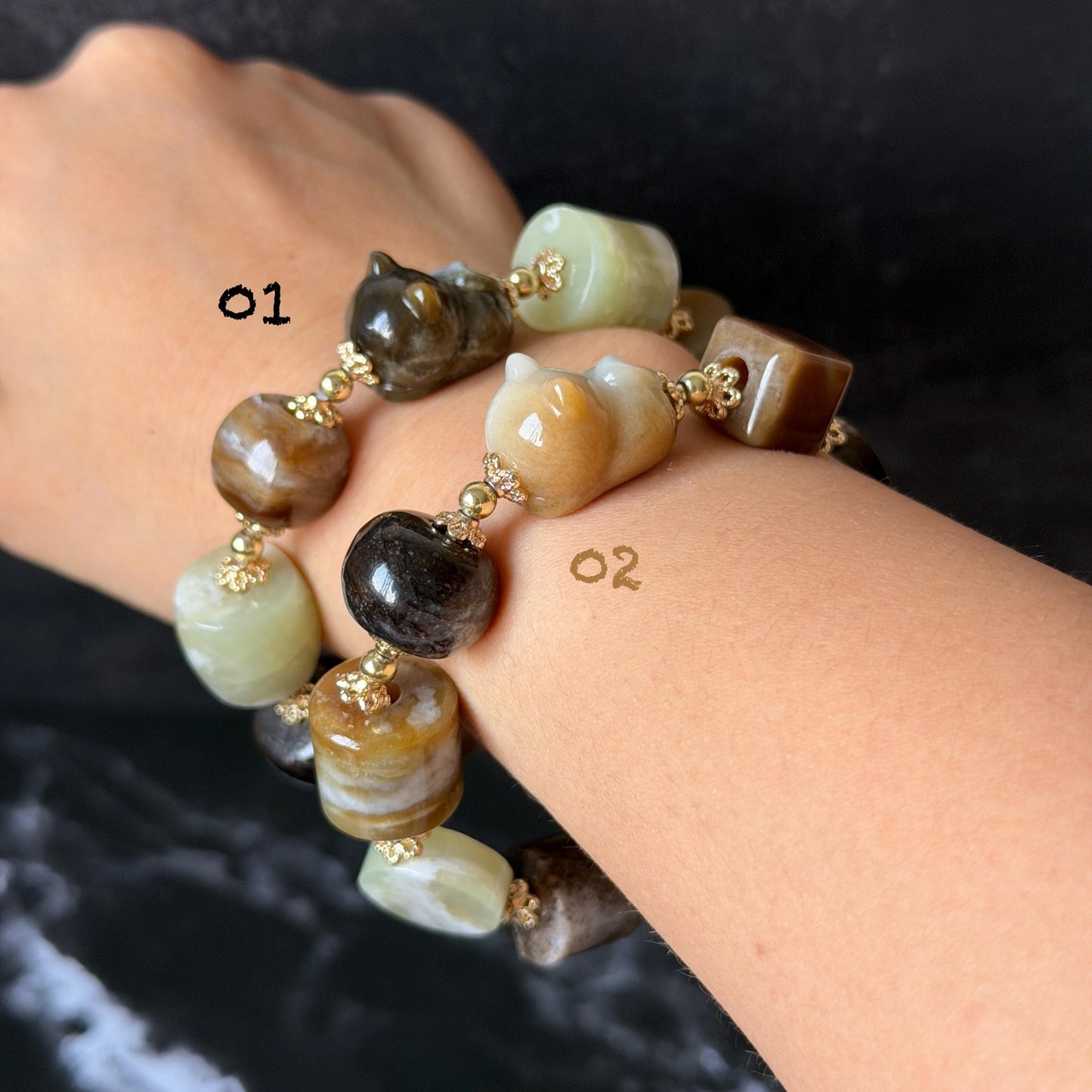 Nephrite Jade Hand Carved Cat Kitten Charm Bracelet | Milk Tea & Cookies Collection | Untreated Natural White Jade Brown Jade Elastic Big Bead Bracelet Chinese Jade Vintage Bracelet Antique Bracelet Gift for her Flexible Bracelet with honey brown jade deep brown jade white jade 14k gold plated accessory nephrite beads bold bracelet irregular beads bracelet tailor made bracelet customized bracelet diy bracelet hand engraved cat carving handcrafted kitten carving cat lover gift