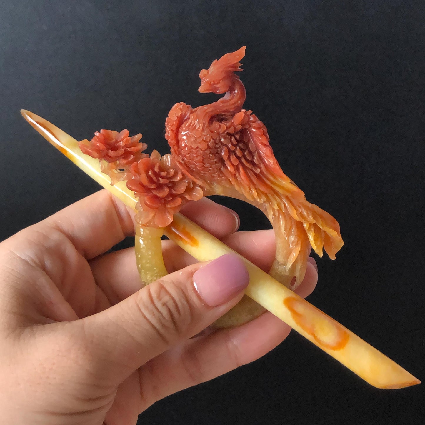 Certified Natural Xiu Jade (Serpentine) Hand Carved Red Fire Phoenix & Peony Hair Pin | Yellow Red Jade Hair Stick | Asian Chinese Vintage Style gift for her hand carved phoenix carving hand engraved phoenix hair stick phoenix carving red phoenix fire phoenix hair fork red jade yellow jade chinese jade with certificate rebirth transformation gift korean hair pin japanese hair stick hair fork hair comb hanfu hair stick peony carving