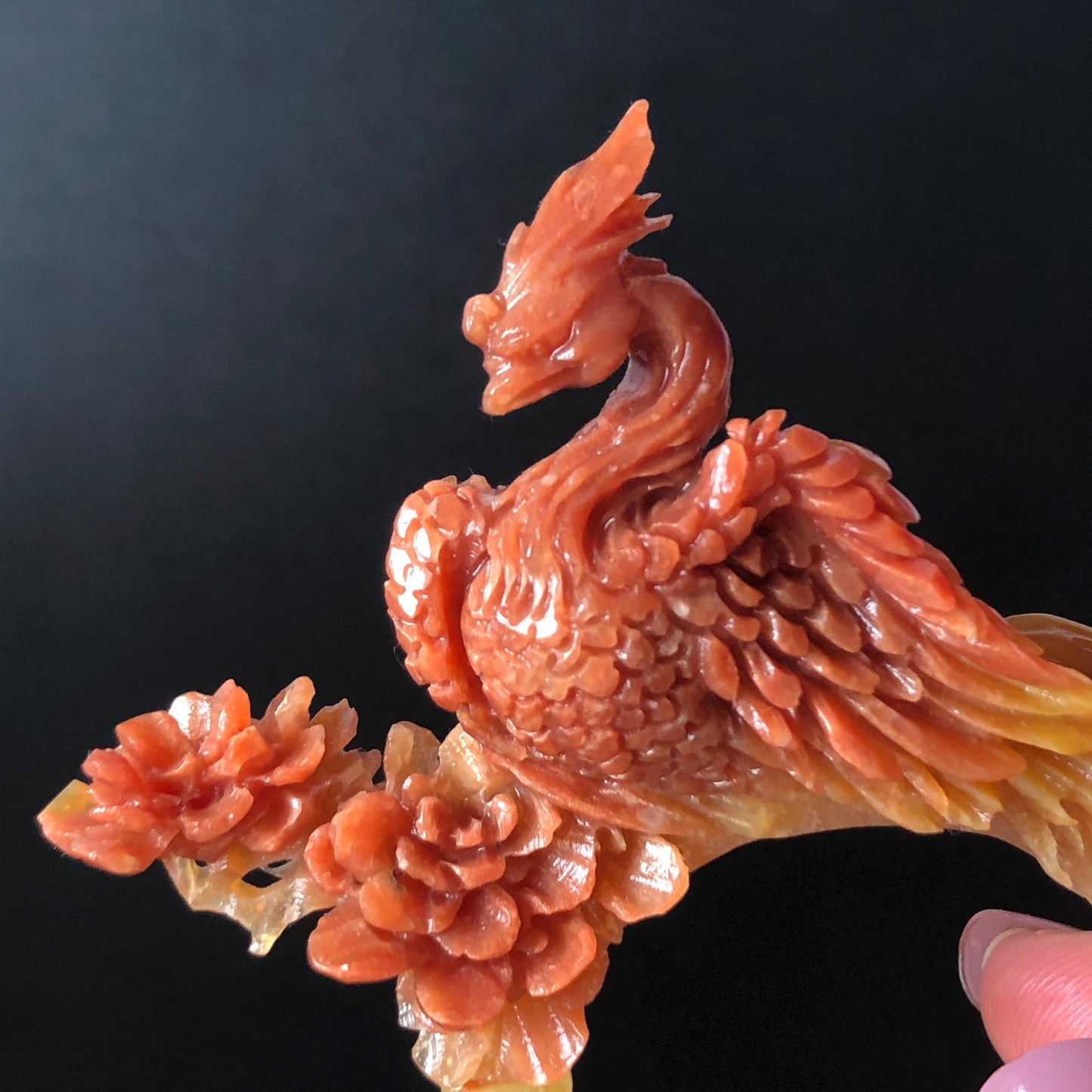 Certified Natural Xiu Jade (Serpentine) Hand Carved Red Fire Phoenix & Peony Hair Pin | Yellow Red Jade Hair Stick | Asian Chinese Vintage Style gift for her hand carved phoenix carving hand engraved phoenix hair stick phoenix carving red phoenix fire phoenix hair fork red jade yellow jade chinese jade with certificate rebirth transformation gift korean hair pin japanese hair stick hair fork hair comb hanfu hair stick peony carving