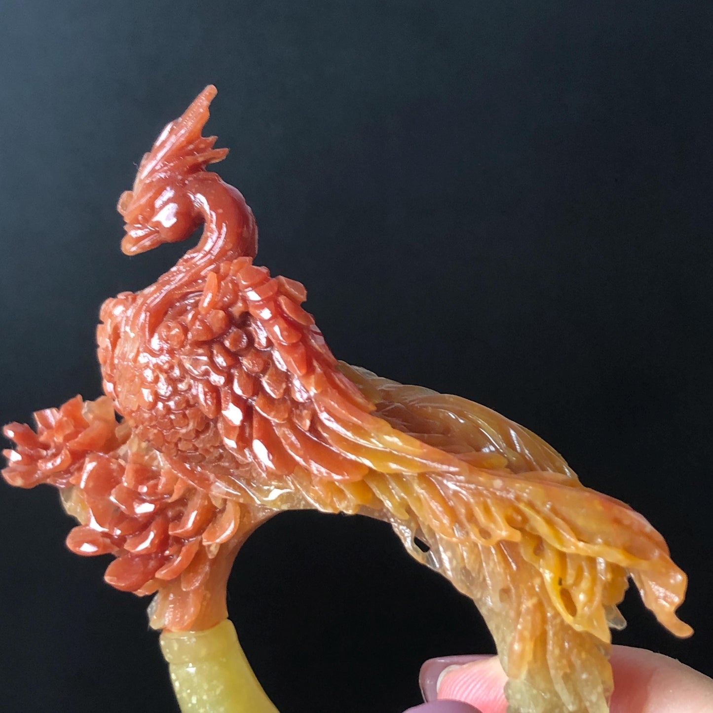 Certified Natural Xiu Jade (Serpentine) Hand Carved Red Fire Phoenix & Peony Hair Pin | Yellow Red Jade Hair Stick | Asian Chinese Vintage Style gift for her hand carved phoenix carving hand engraved phoenix hair stick phoenix carving red phoenix fire phoenix hair fork red jade yellow jade chinese jade with certificate rebirth transformation gift korean hair pin japanese hair stick hair fork hair comb hanfu hair stick peony carving