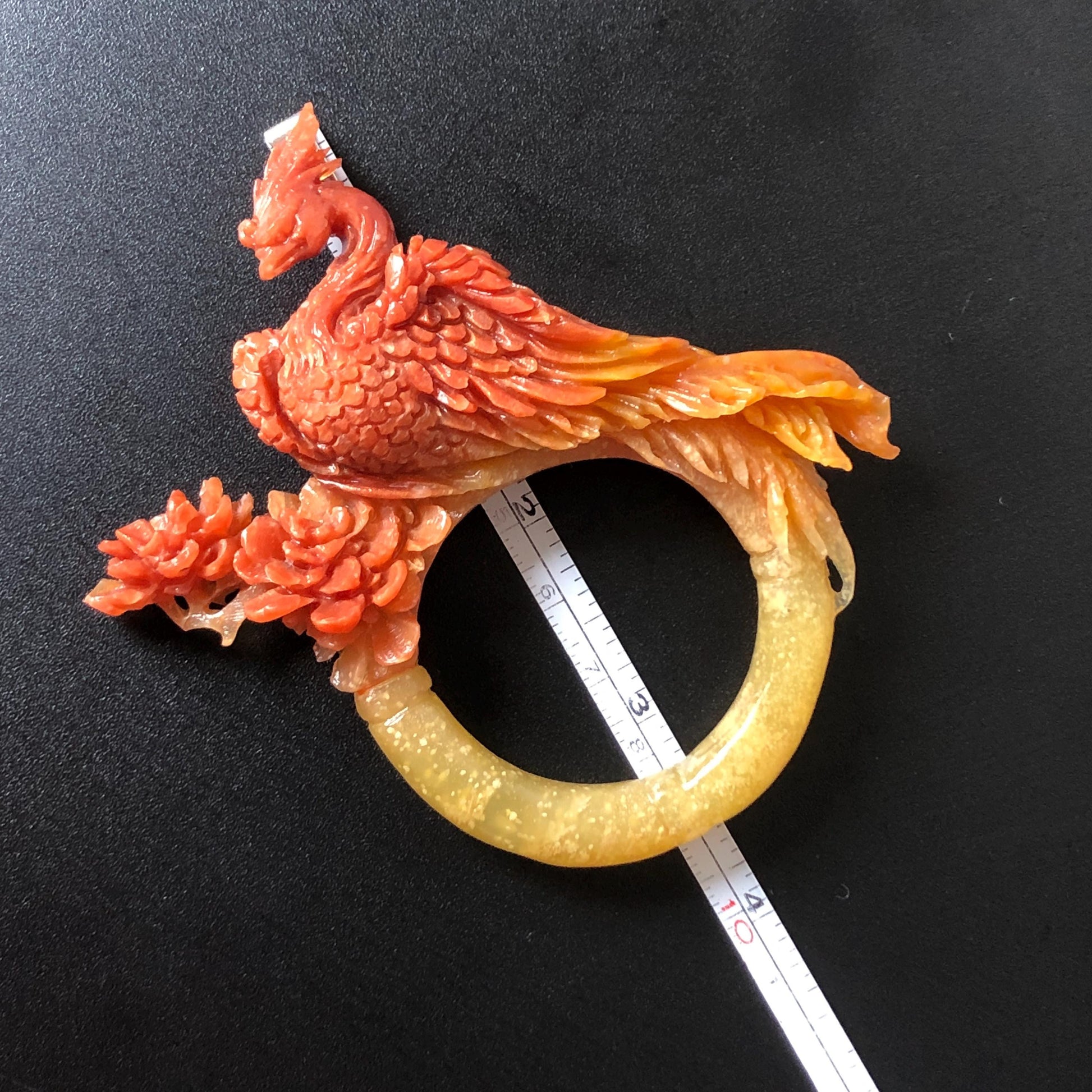 Certified Natural Xiu Jade (Serpentine) Hand Carved Red Fire Phoenix & Peony Hair Pin | Yellow Red Jade Hair Stick | Asian Chinese Vintage Style gift for her hand carved phoenix carving hand engraved phoenix hair stick phoenix carving red phoenix fire phoenix hair fork red jade yellow jade chinese jade with certificate rebirth transformation gift korean hair pin japanese hair stick hair fork hair comb hanfu hair stick peony carving