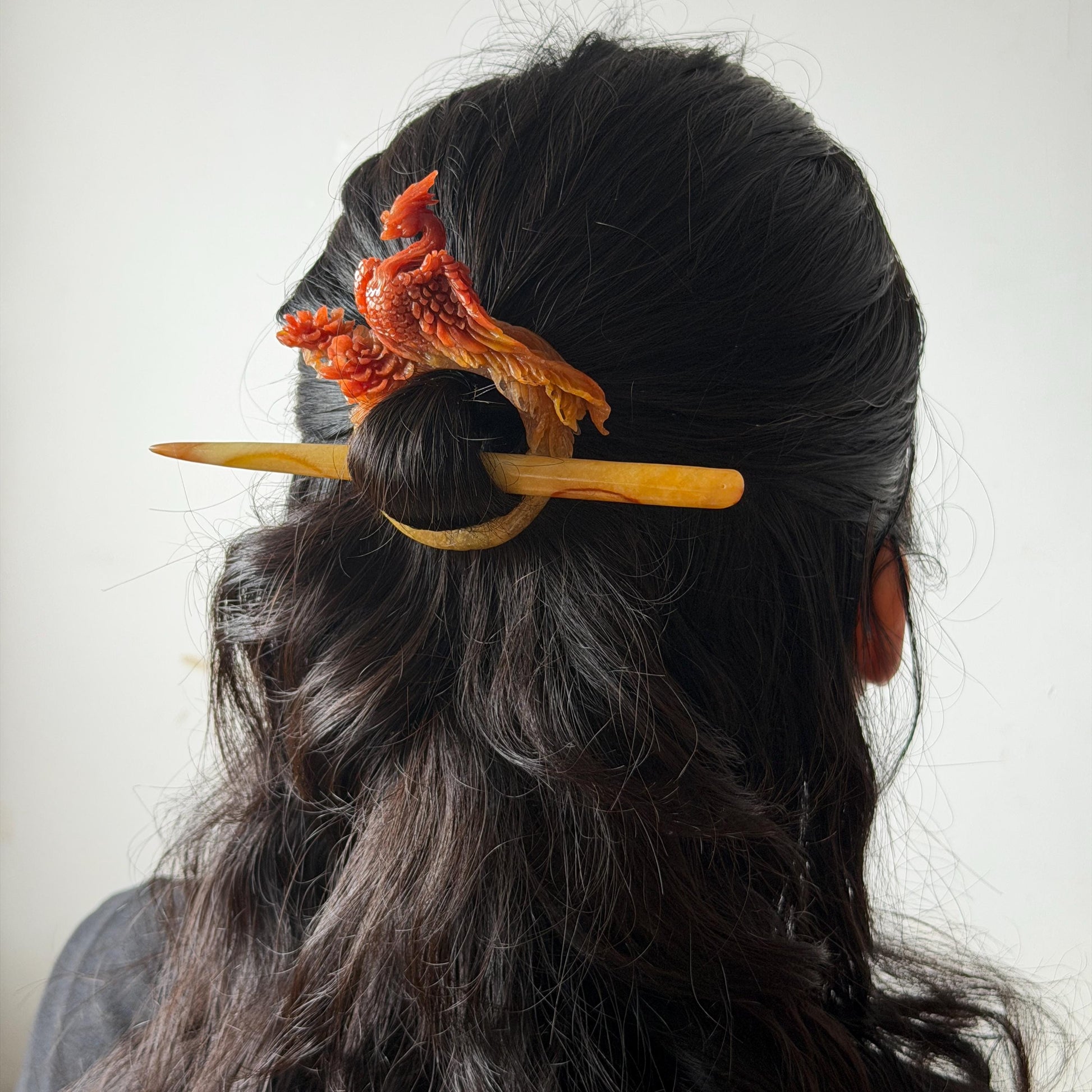 Certified Natural Xiu Jade (Serpentine) Hand Carved Red Fire Phoenix & Peony Hair Pin | Yellow Red Jade Hair Stick | Asian Chinese Vintage Style gift for her hand carved phoenix carving hand engraved phoenix hair stick phoenix carving red phoenix fire phoenix hair fork red jade yellow jade chinese jade with certificate rebirth transformation gift korean hair pin japanese hair stick hair fork hair comb hanfu hair stick peony carving