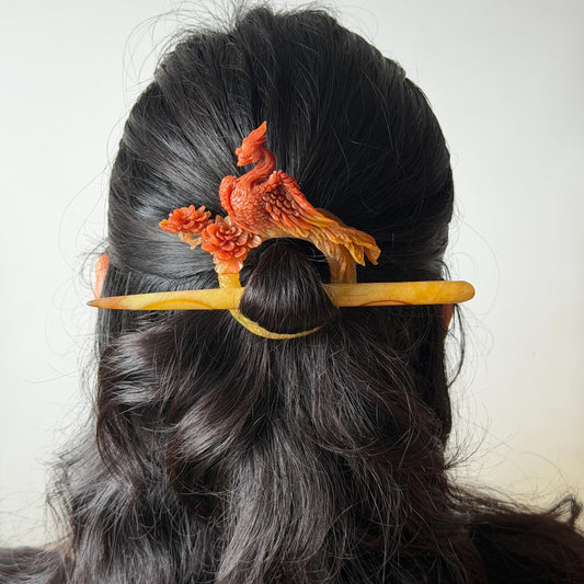 Certified Natural Xiu Jade (Serpentine) Hand Carved Red Fire Phoenix & Peony Hair Pin | Yellow Red Jade Hair Stick | Asian Chinese Vintage Style gift for her hand carved phoenix carving hand engraved phoenix hair stick phoenix carving red phoenix fire phoenix hair fork red jade yellow jade chinese jade with certificate rebirth transformation gift korean hair pin japanese hair stick hair fork hair comb hanfu hair stick peony carving