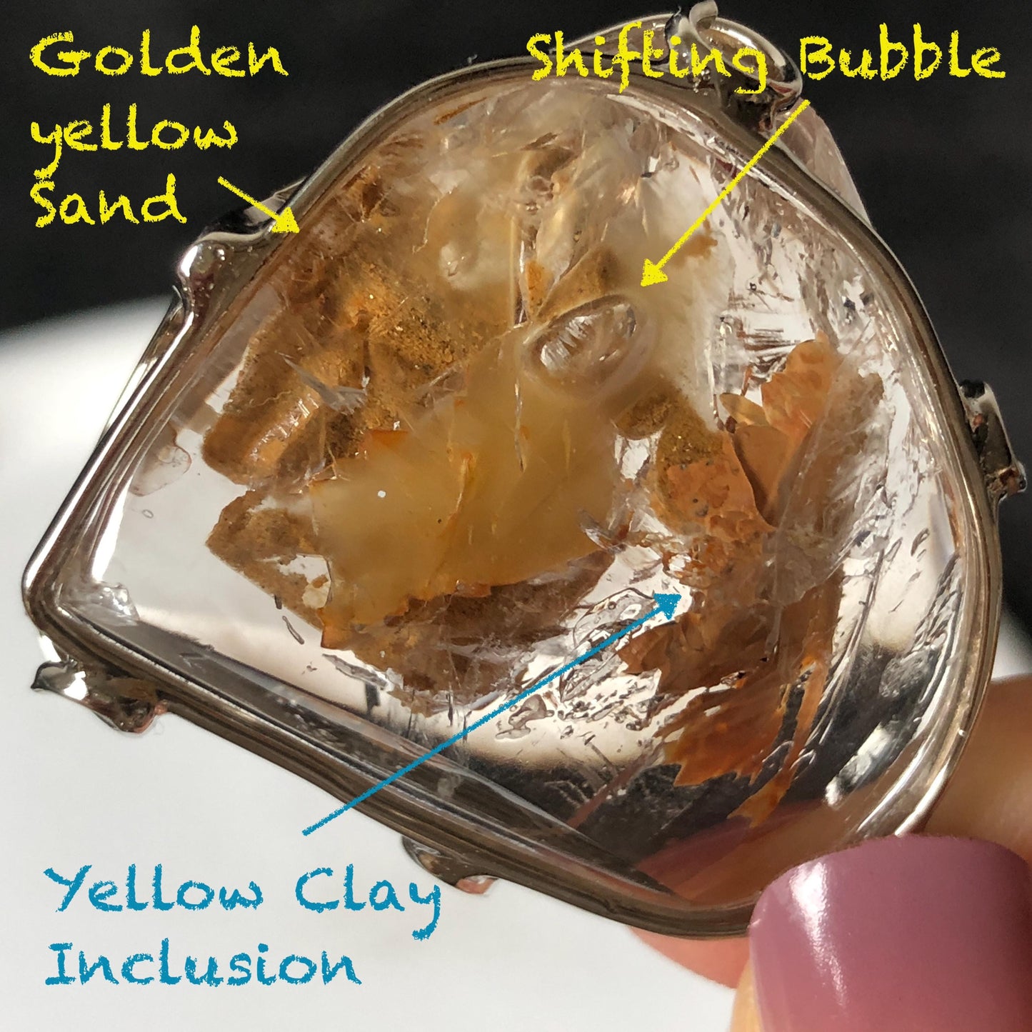 Ultra Rare! Polished Enhydro Quartz Shimmering Golden Yellow Sand Waterfall & Big Shifting Bubble Inlcusion S925 Silver Pendant Adjustable Necklace Natural Gemstone Birthstone Gift for her enhydro quartz sand water-fall pendant necklace choker gemstone charm stone pendant choker polished stone pendant crystal charm birthstone men necklace chakra crystal minerals specimen silver wire wrapped pendant inclusion crystal inclusion crystal  yellow sand inclusion shimmering rainbow quartz