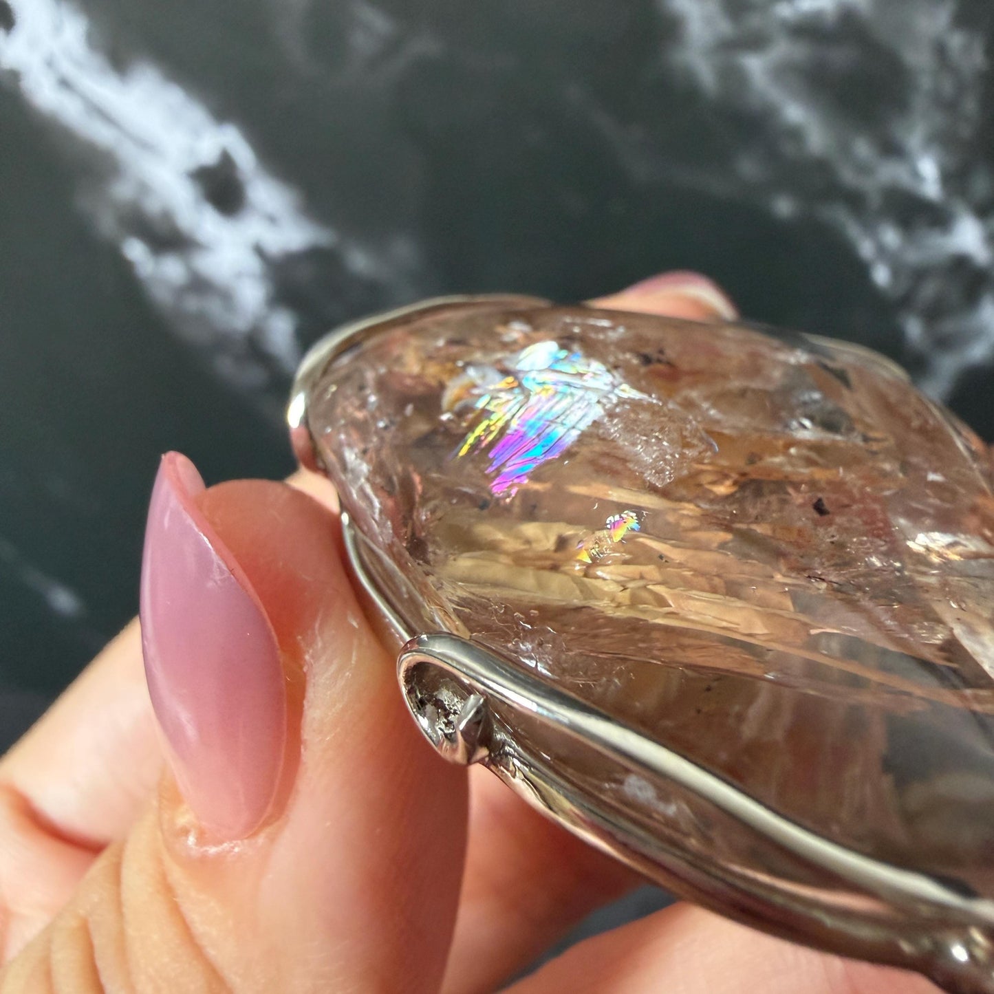 Ultra Rare! Polished Enhydro Quartz Shimmering Golden Yellow Sand Waterfall & Big Shifting Bubble Inlcusion S925 Silver Pendant Adjustable Necklace Natural Gemstone Birthstone Gift for her enhydro quartz sand water-fall pendant necklace choker gemstone charm stone pendant choker polished stone pendant crystal charm birthstone men necklace chakra crystal minerals specimen silver wire wrapped pendant inclusion crystal inclusion crystal  yellow sand inclusion shimmering rainbow quartz