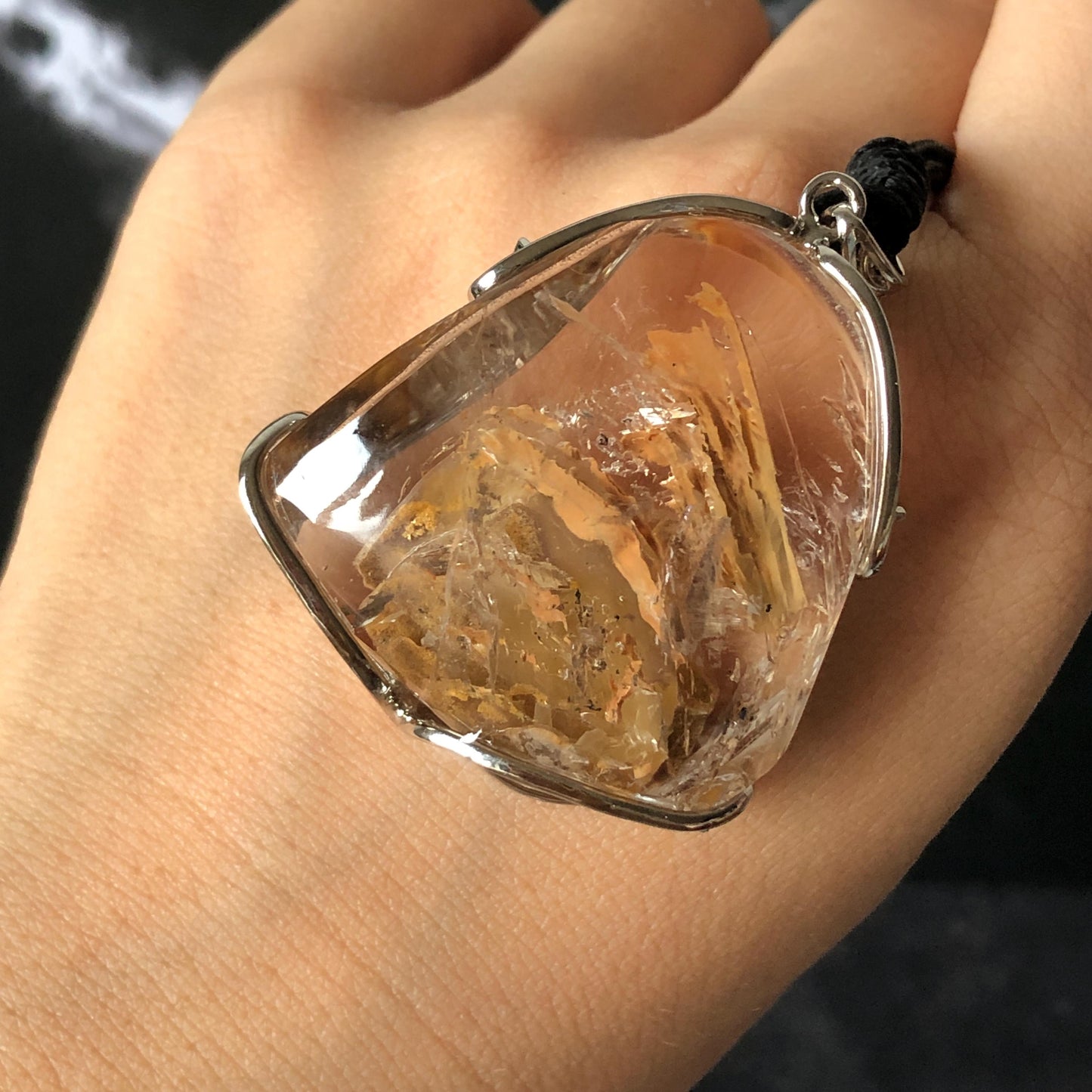 Ultra Rare! Polished Enhydro Quartz Shimmering Golden Yellow Sand Waterfall & Big Shifting Bubble Inlcusion S925 Silver Pendant Adjustable Necklace Natural Gemstone Birthstone Gift for her enhydro quartz sand water-fall pendant necklace choker gemstone charm stone pendant choker polished stone pendant crystal charm birthstone men necklace chakra crystal minerals specimen silver wire wrapped pendant inclusion crystal inclusion crystal  yellow sand inclusion shimmering rainbow quartz