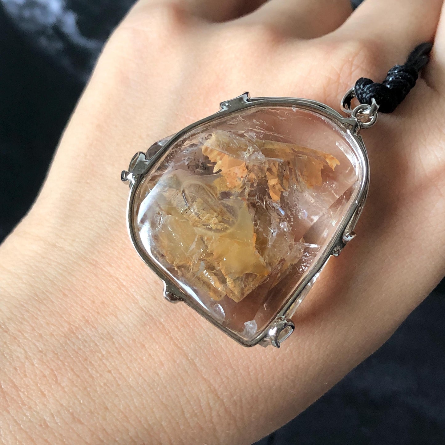 Ultra Rare! Polished Enhydro Quartz Shimmering Golden Yellow Sand Waterfall & Big Shifting Bubble Inlcusion S925 Silver Pendant Adjustable Necklace Natural Gemstone Birthstone Gift for her enhydro quartz sand water-fall pendant necklace choker gemstone charm stone pendant choker polished stone pendant crystal charm birthstone men necklace chakra crystal minerals specimen silver wire wrapped pendant inclusion crystal inclusion crystal  yellow sand inclusion shimmering rainbow quartz